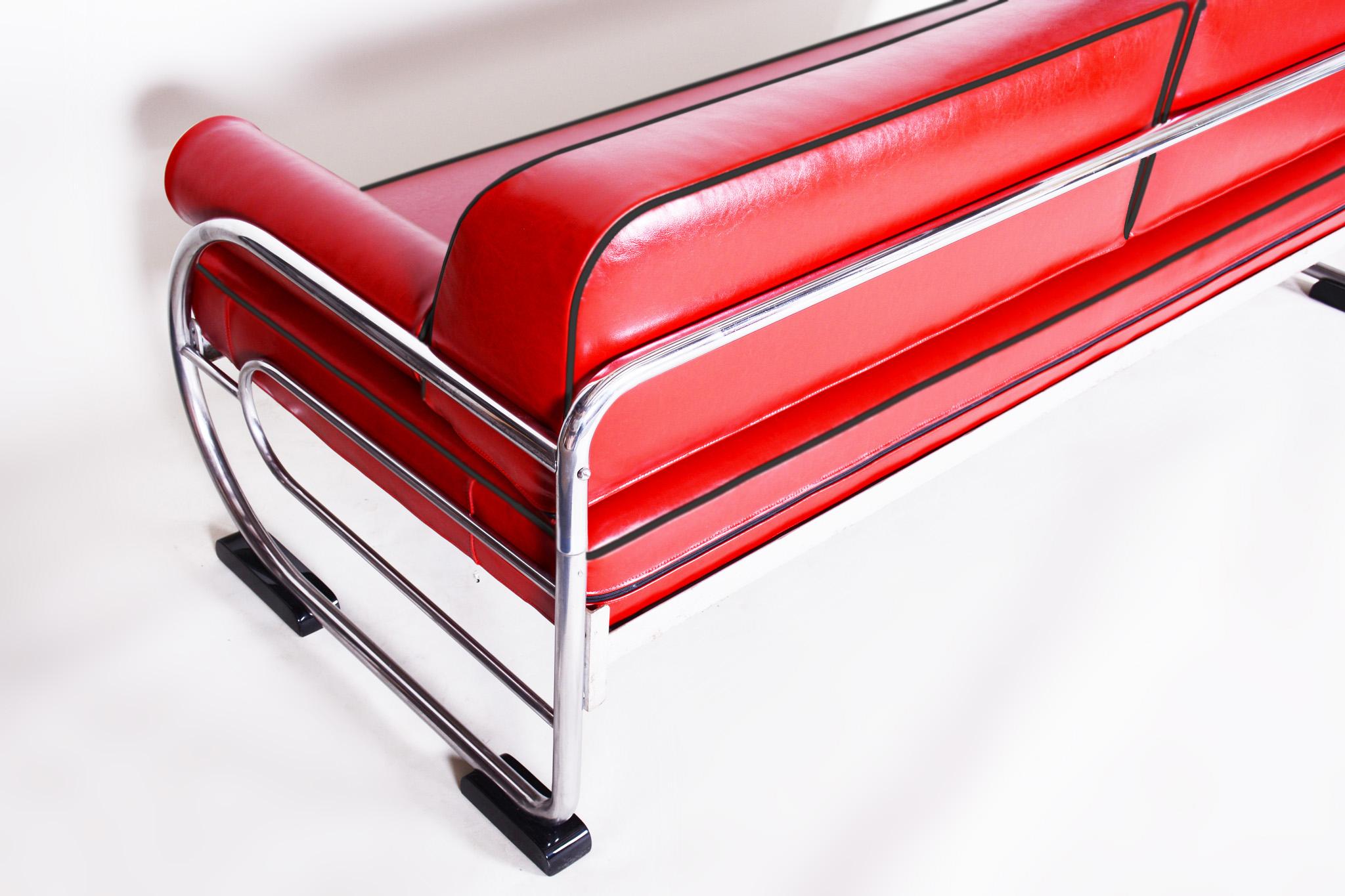 Canapé Bauhaus rouge tubulaire chromé en acier chromé de Robert Slezk, design de Thonet, années 1930 en vente 2