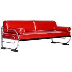 Bauhaus Red Tubular Chromed Steel Sofa by Robert Slezák, Design by Thonet, 1930s