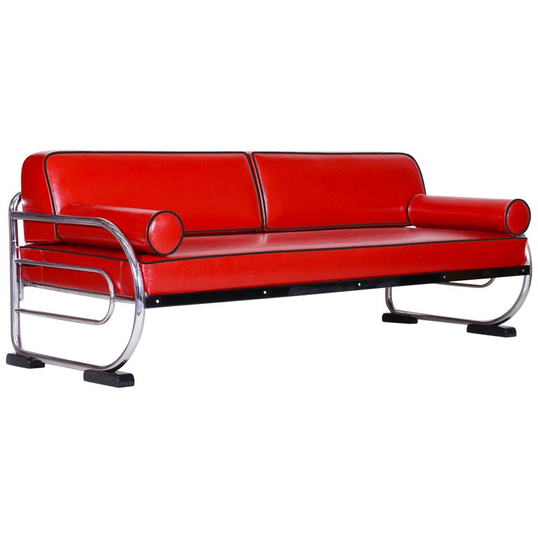 Bauhaus Red Tubular Chromed Steel Sofa by Robert Slezák, Design by Thonet, 1930s For Sale
