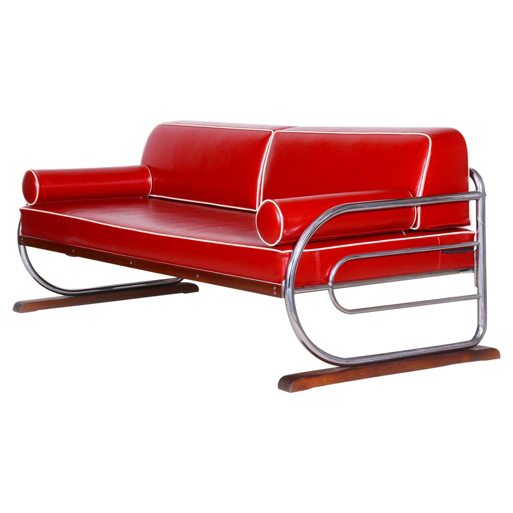 Bauhaus Red Tubular Chromed Steel Sofa by Robert Slezák, Fully Restored, 1930s