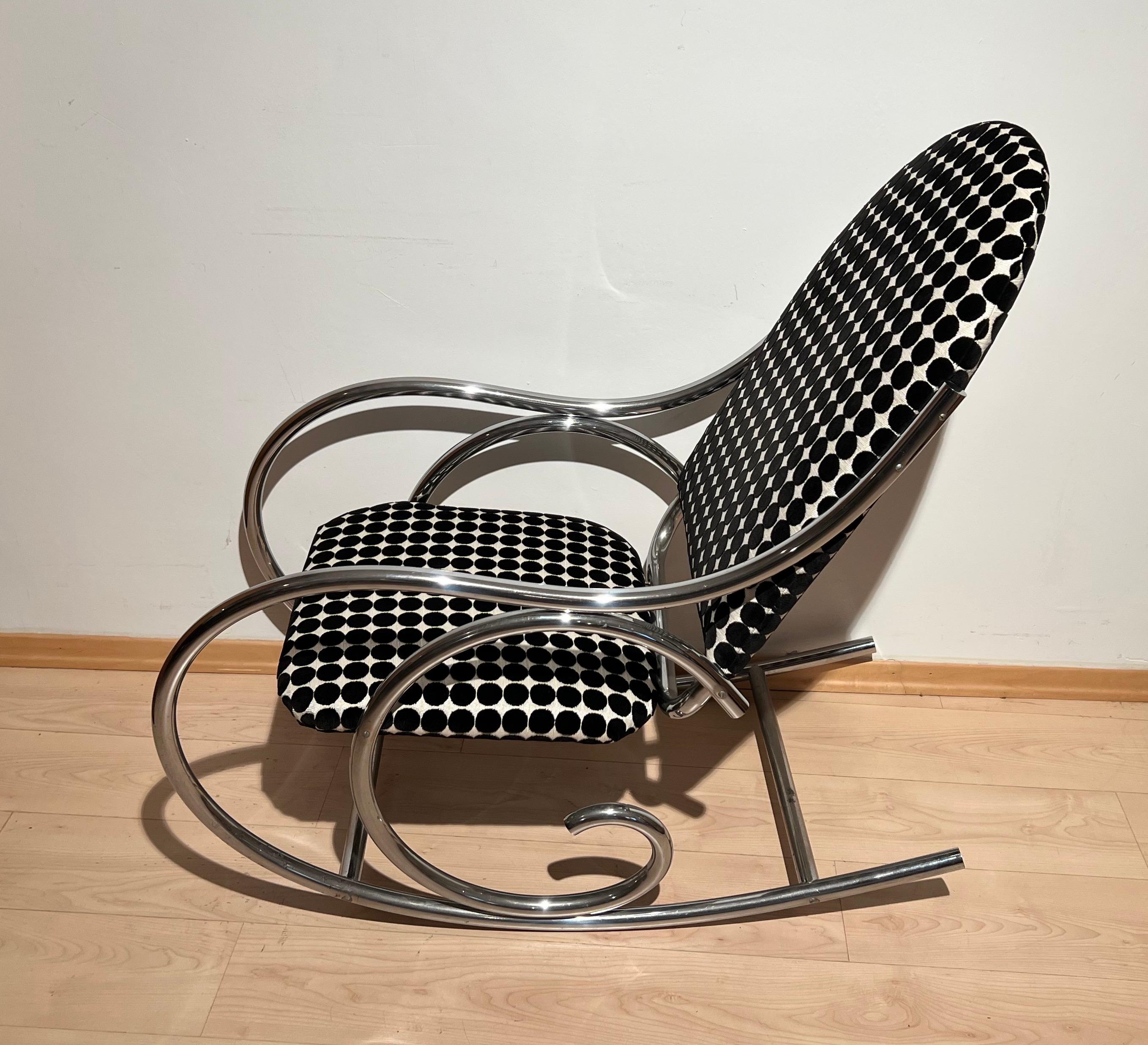 Galvanized Bauhaus Rocking Chair, Chrome-Plated Steeltubes, Fabric, Germany, circa 1930