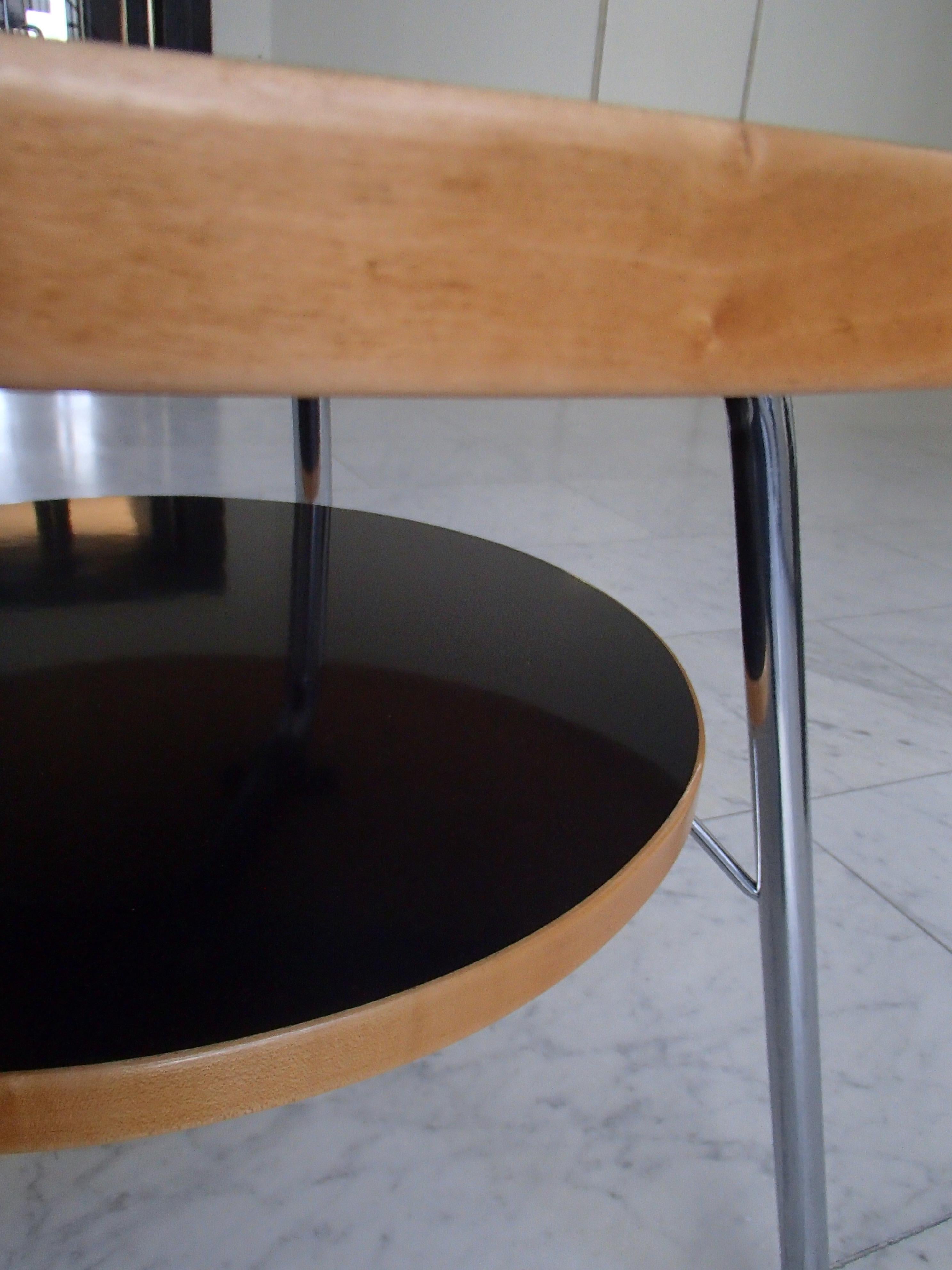 Swiss Bauhaus Round Center Table Birch and Black Kelko on Four Chrome Legs