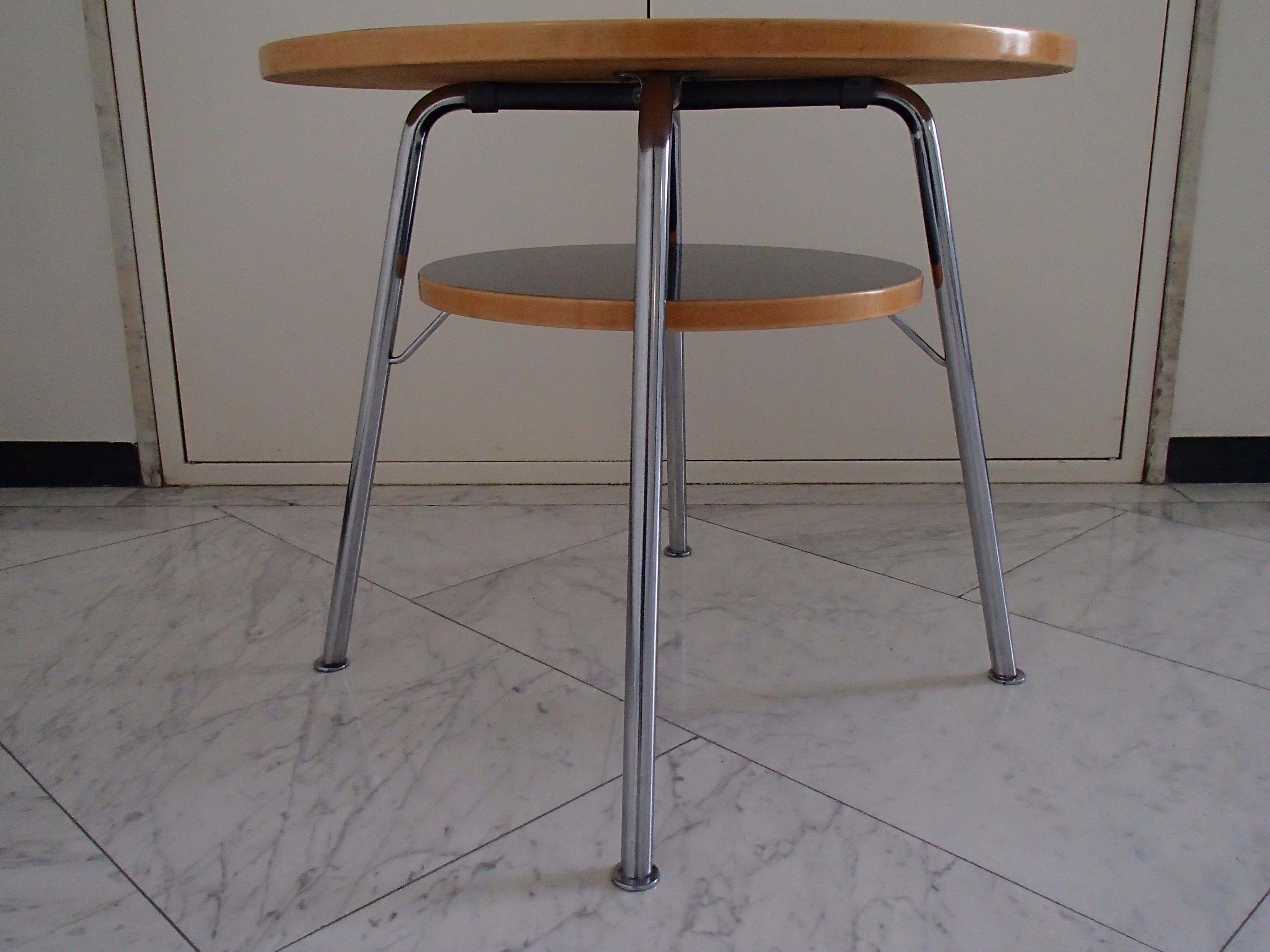 Mid-20th Century Bauhaus Round Center Table Birch and Black Kelko on Four Chrome Legs