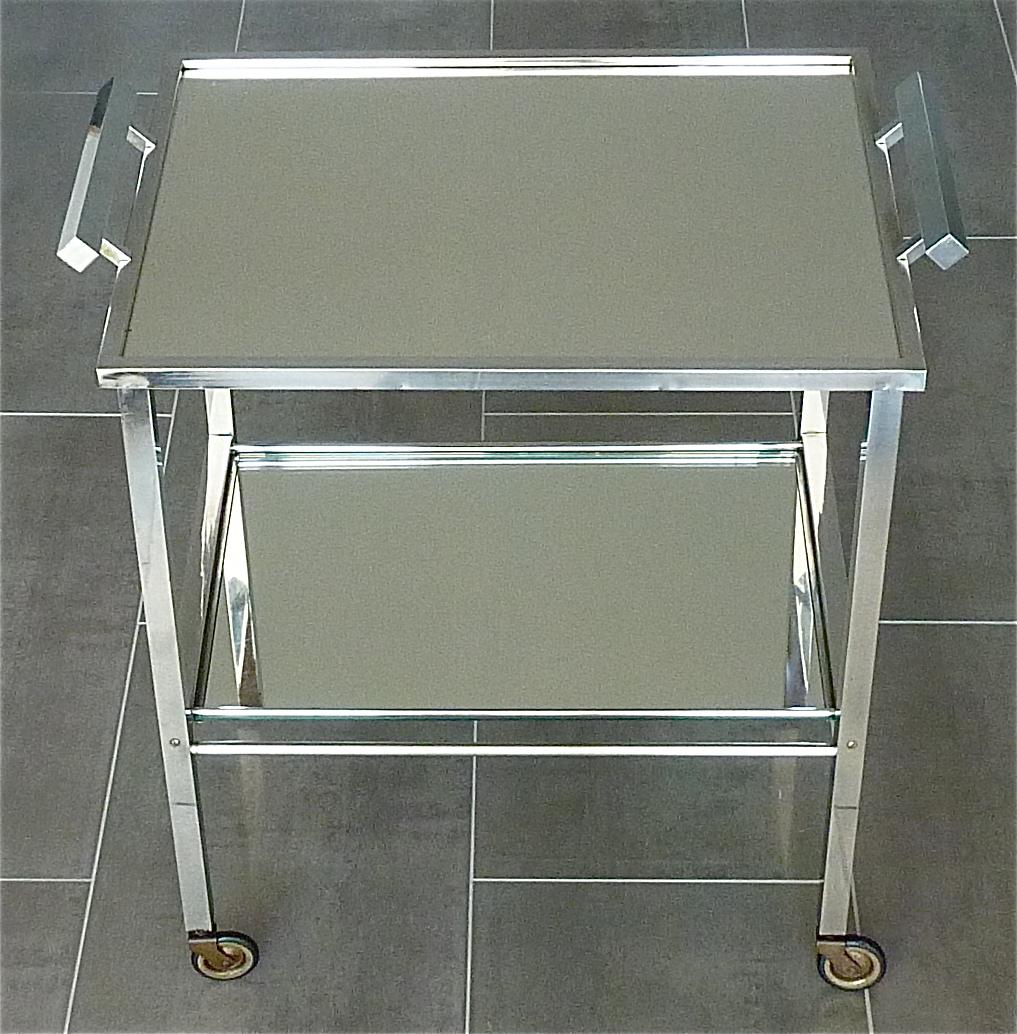 Bauhaus Serving Trolley Bar Cart Chrome Brass Mirror Art Deco Adnet Style, 1930s 8