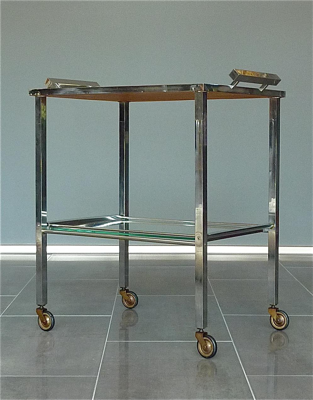 Bauhaus Serving Trolley Bar Cart Chrome Brass Mirror Art Deco Adnet Style, 1930s 9