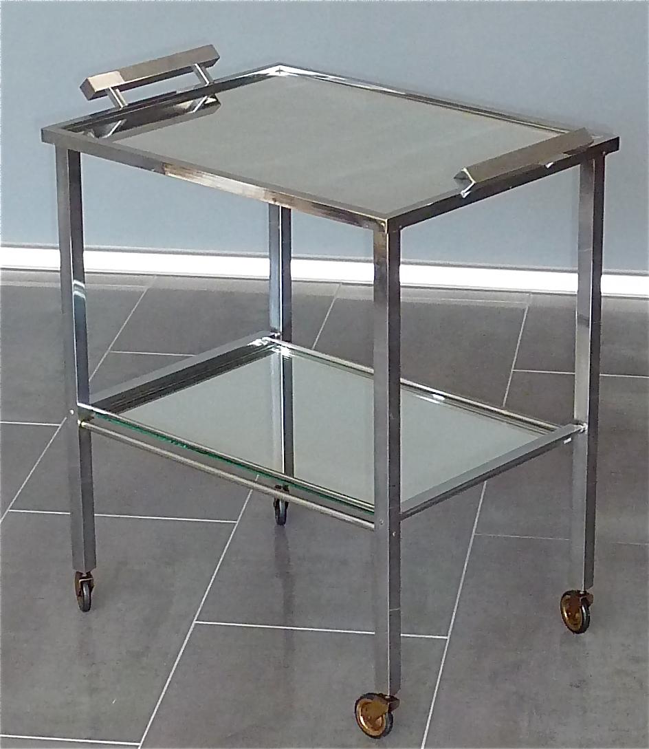 Bauhaus Serving Trolley Bar Cart Chrome Brass Mirror Art Deco Adnet Style, 1930s 11