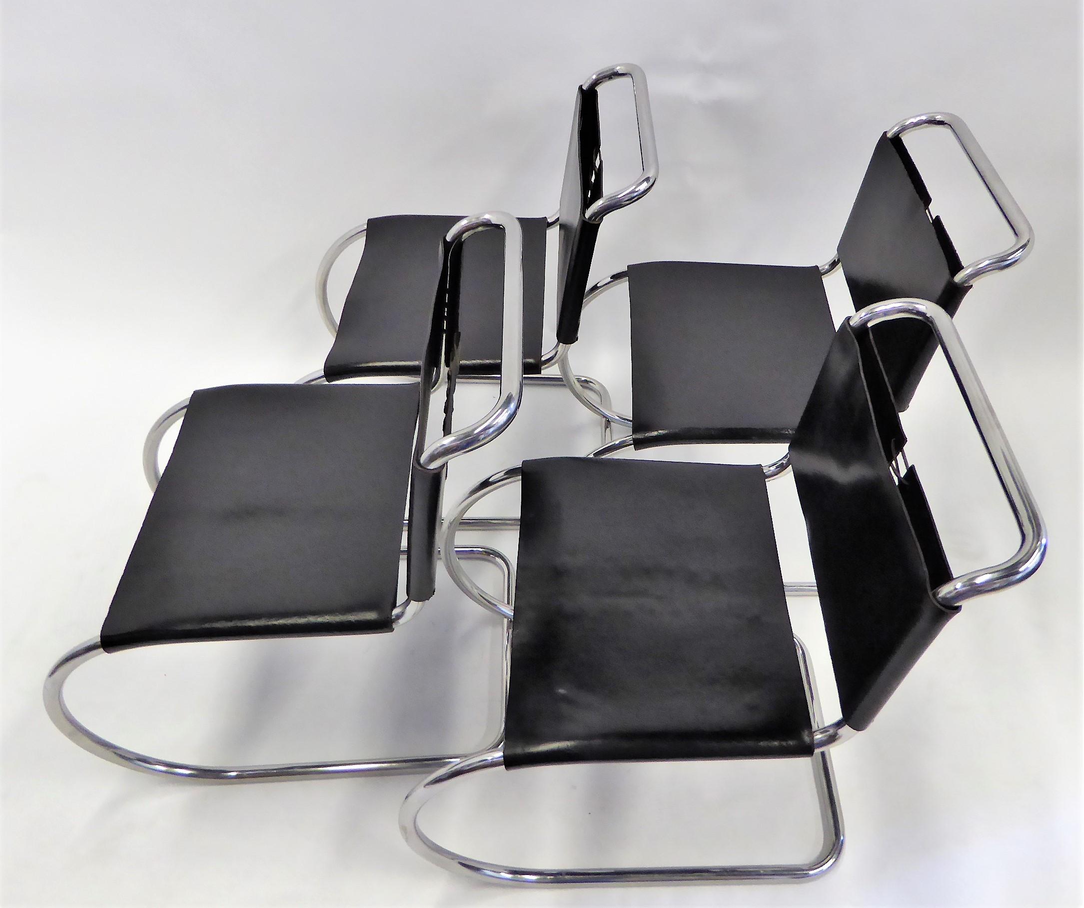 Reduced from $6,000....Produced in the 1960s, a set of 4 Classic laced black leather and chrome Mies van der Rohe MR10 cantilever chairs by Knoll International.  New leather lacing on the back and new cord lacing on seat.  All 4 retain the Knoll