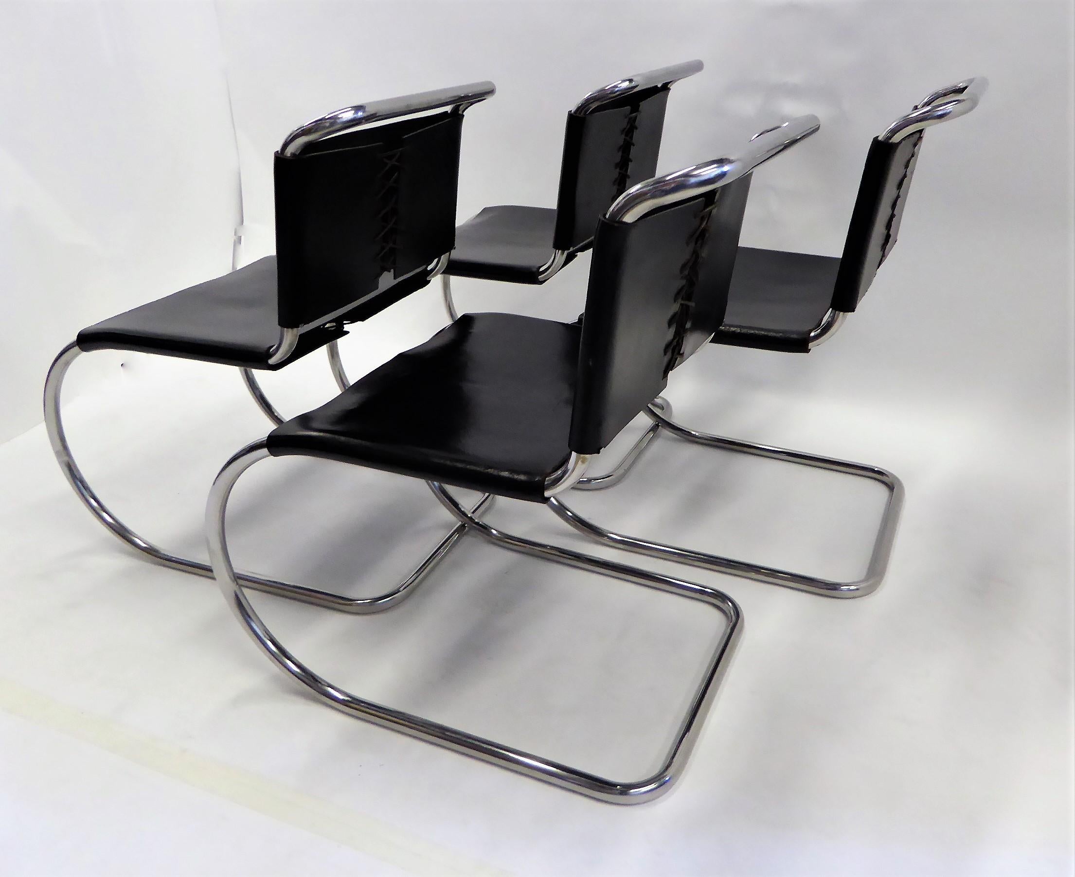 Mid-Century Modern Bauhaus Set of 4 Modern Black Leather Knoll MR10 Dining Chairs Mies van der Rohe