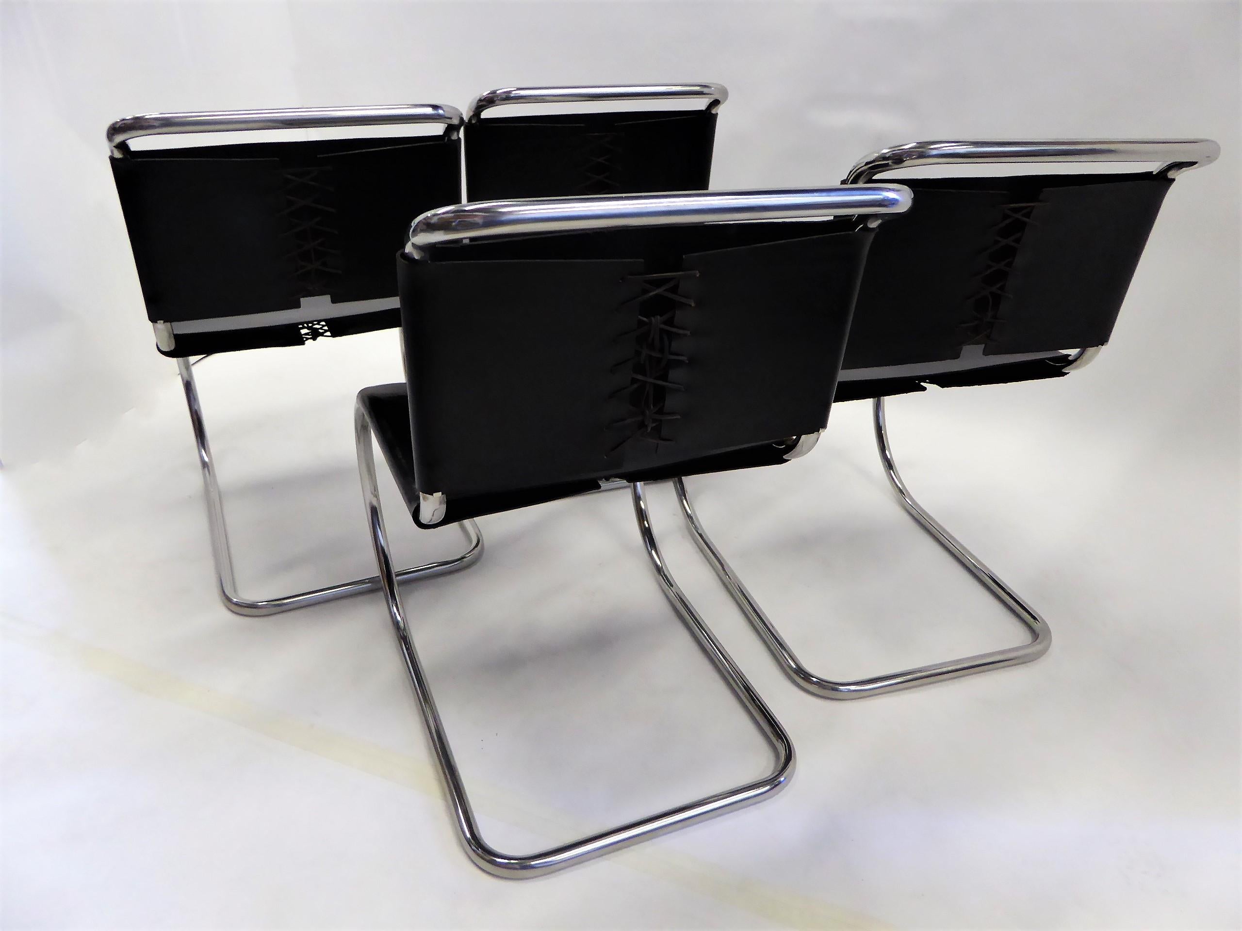 American Bauhaus Set of 4 Modern Black Leather Knoll MR10 Dining Chairs Mies van der Rohe