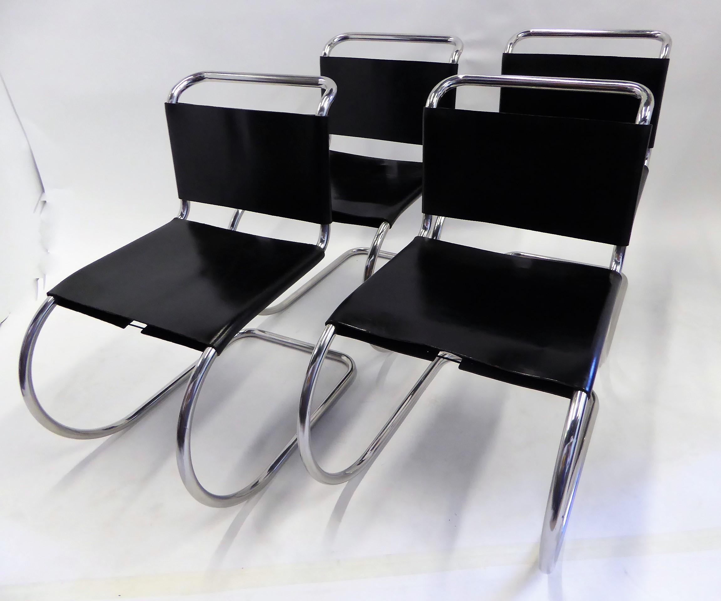 Mid-20th Century Bauhaus Set of 4 Modern Black Leather Knoll MR10 Dining Chairs Mies van der Rohe