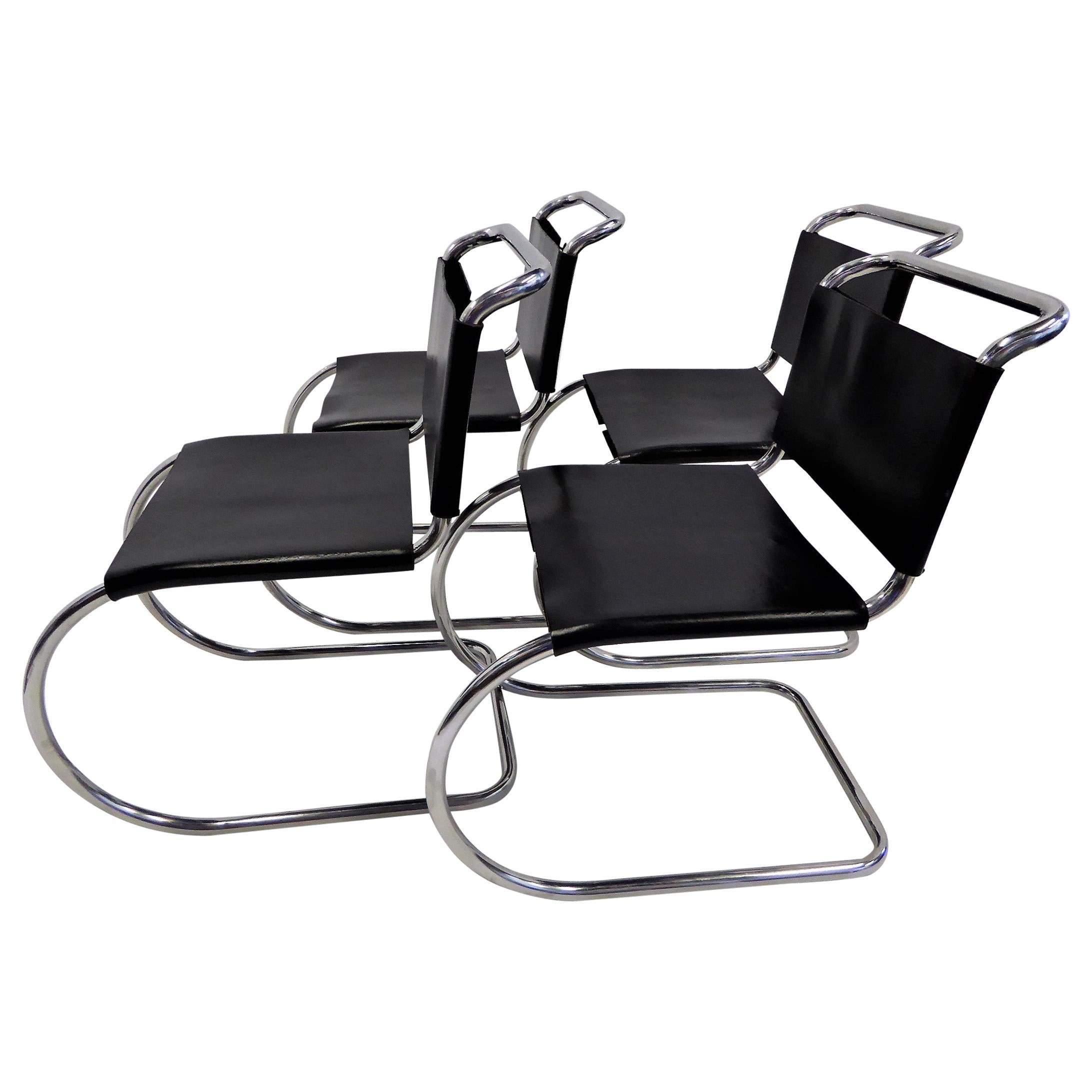 Bauhaus Set of 4 Modern Black Leather Knoll MR10 Dining Chairs Mies van der Rohe