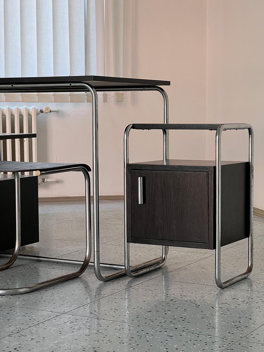 Plated Bauhaus Set of Tubular Steel and Wood Desk, Stool and Storage Cabinet, 1930s