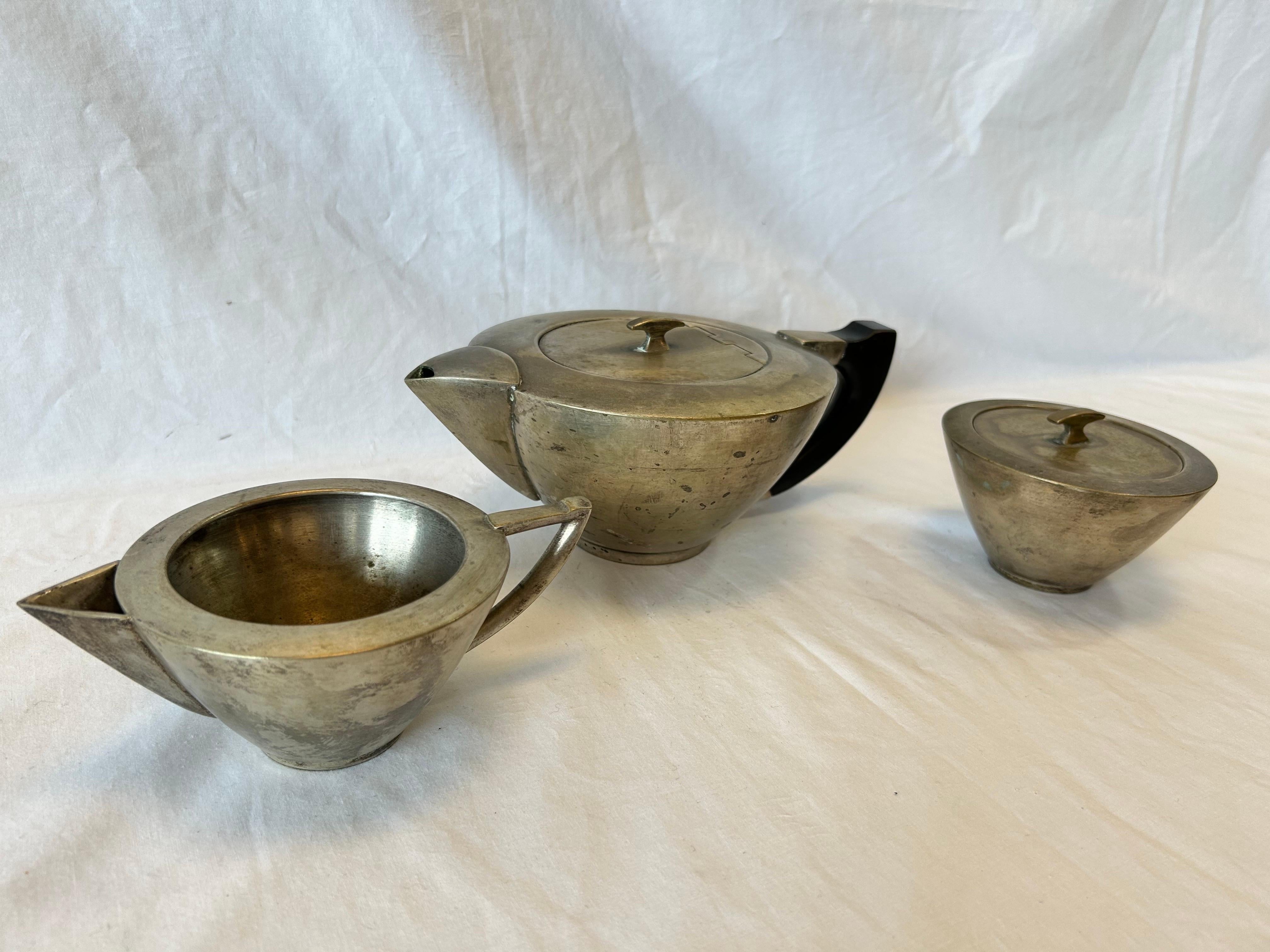 German Bauhaus Silver Plate Tea Service Style of Marianne Brandt Teapot Creamer Sugar
