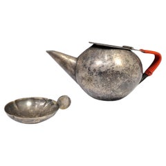 Vintage Bauhaus silver-plated teapot and tea strainer, WMF, 1950's