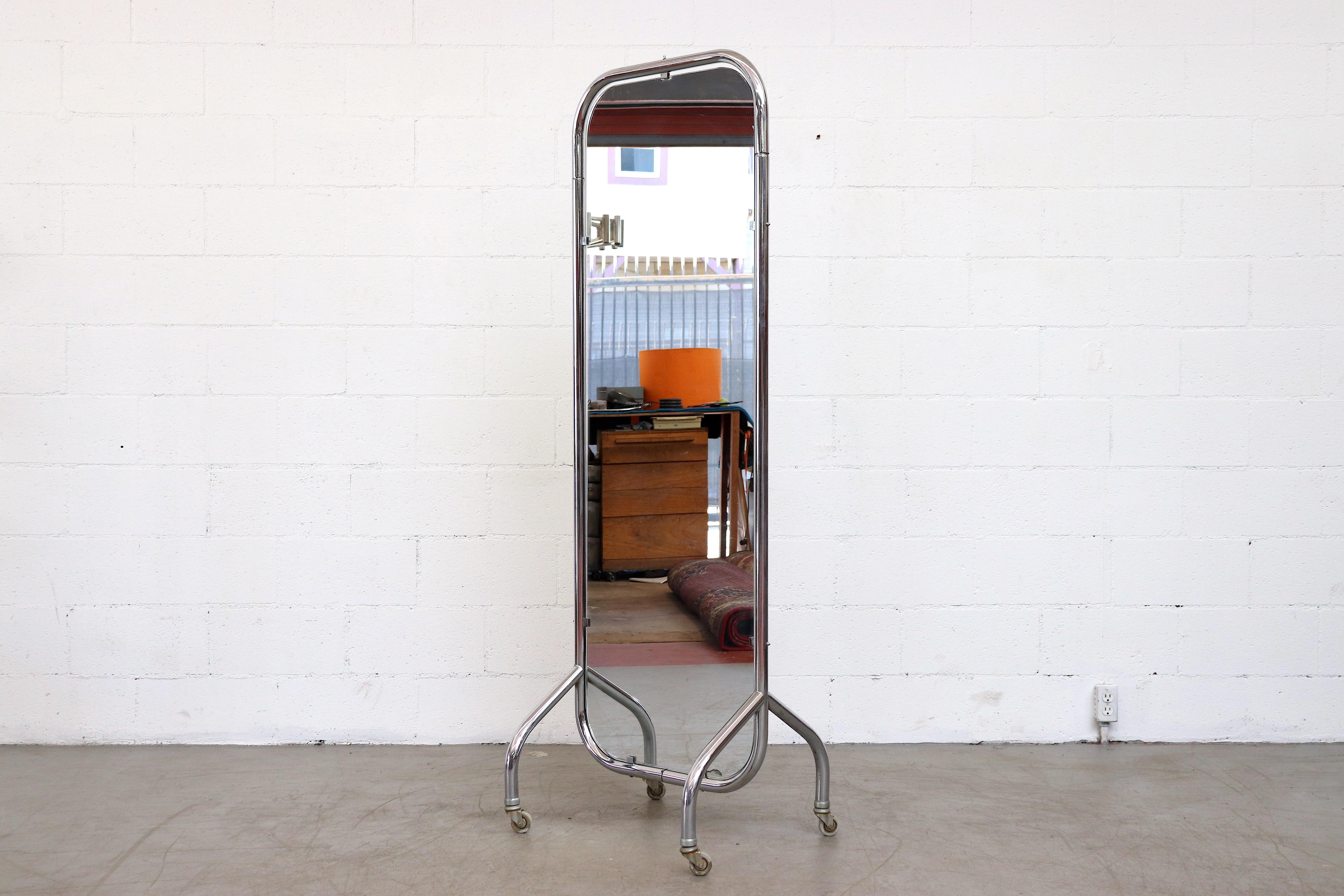 Rare Gispen rolling full length mirror with rolling chrome frame, in original condition with visible wear consistent with its age and usage. Other similar ones available.
