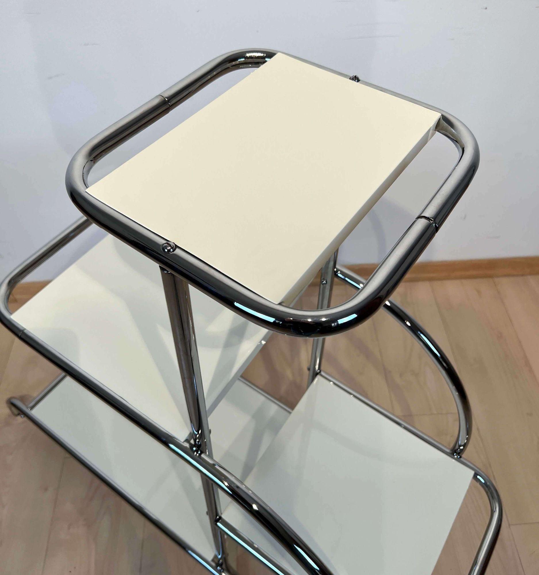 Bauhaus Steeltube Etagere, Creme-White Lacquer, Nickel Plate, Germany, 1930s For Sale 5