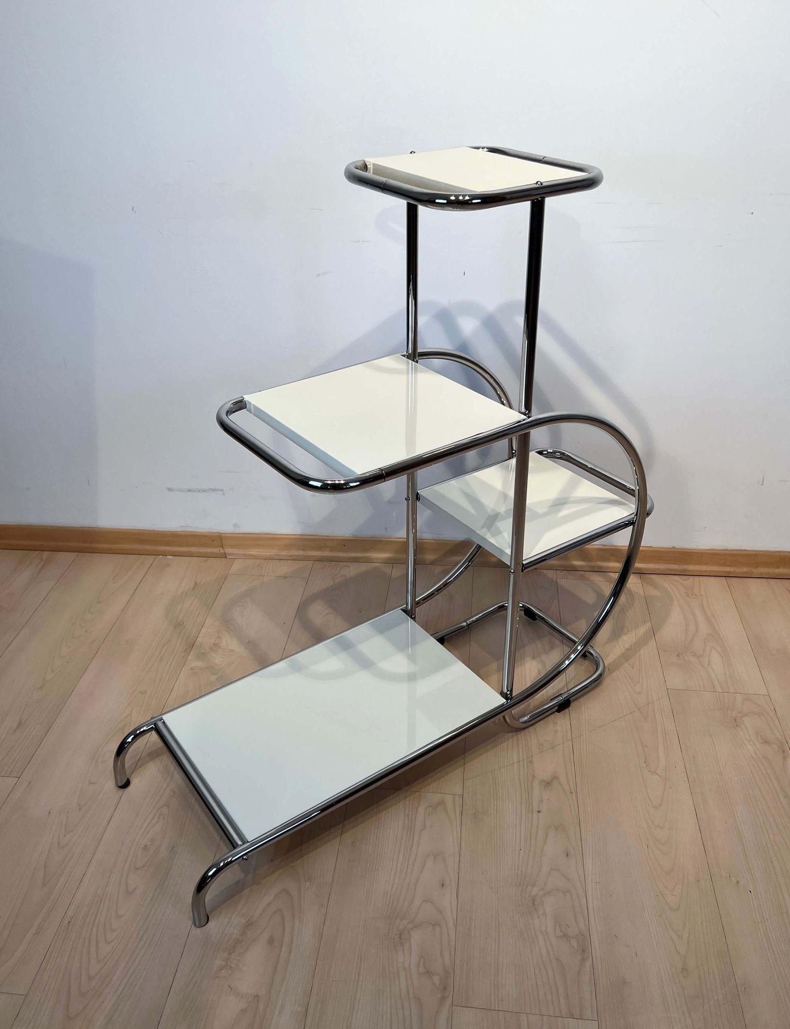 Bauhaus Steeltube Etagere, Creme-White Lacquer, Nickel Plate, Germany, 1930s For Sale 15