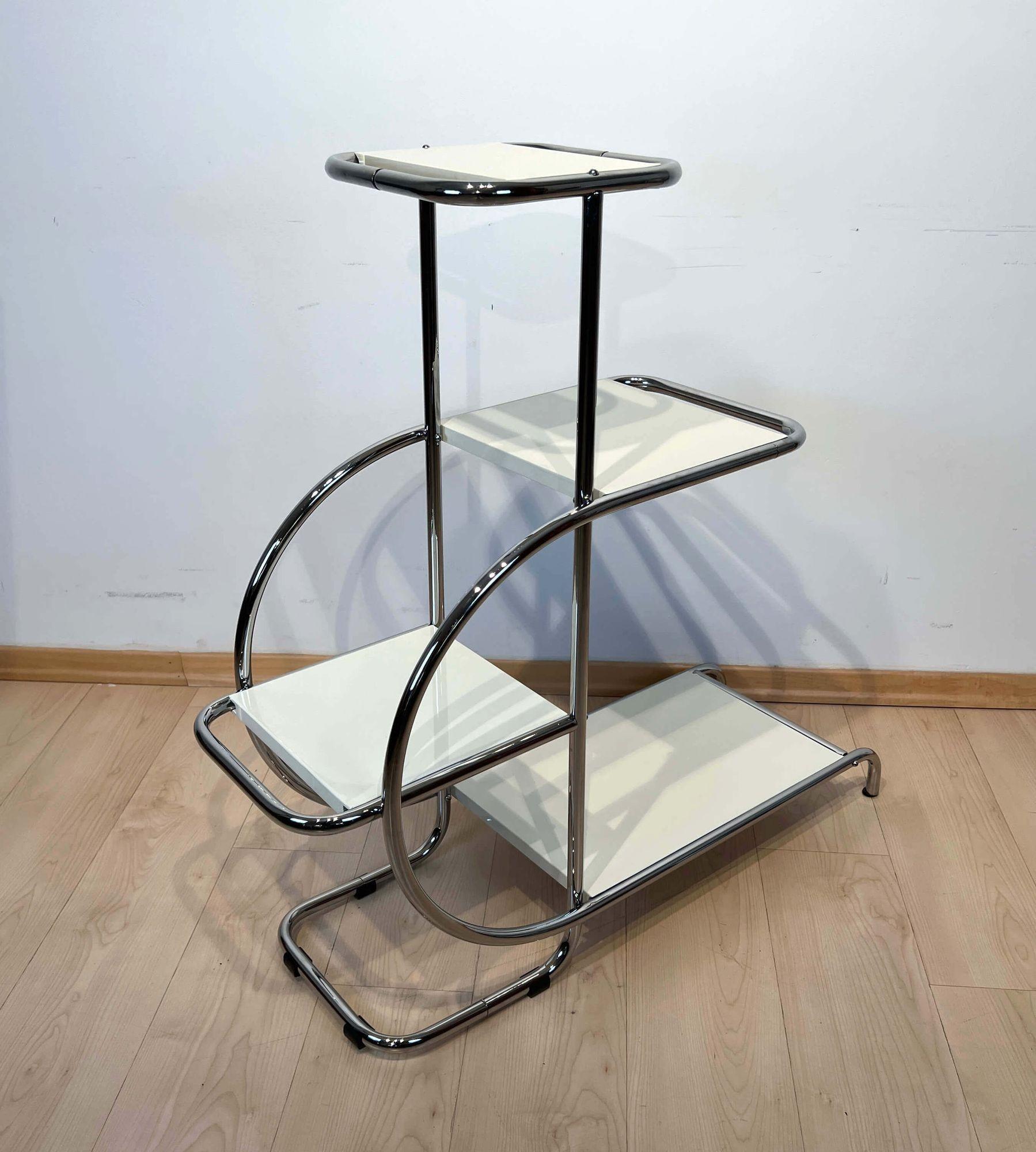 Galvanized Bauhaus Steeltube Etagere, Creme-White Lacquer, Nickel Plate, Germany, 1930s For Sale