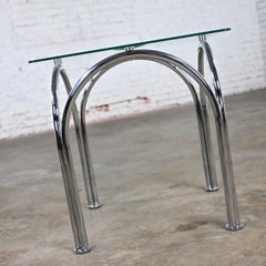Bauhaus Style Arched Chrome Tube Base Square Beveled Glass Top End or Side Table