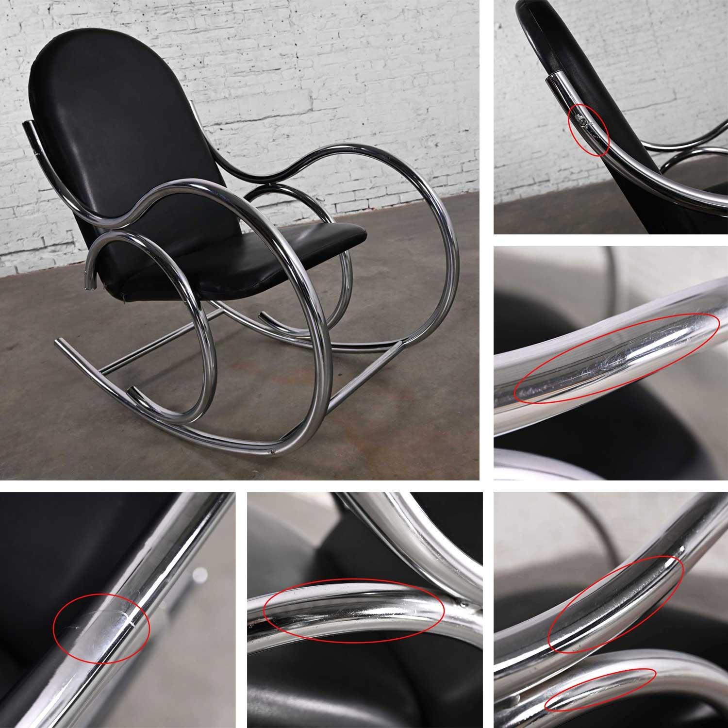 Bauhaus Style Black Vinyl & Chrome Bentwood Style Rocking Chair After Thonet For Sale 4