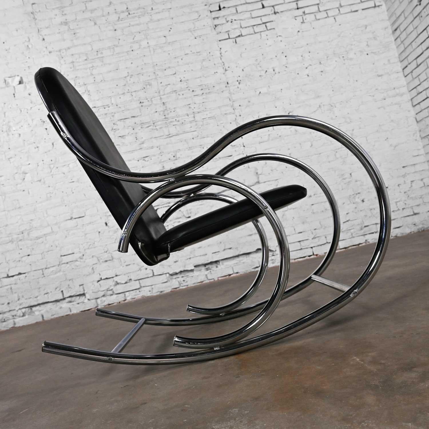 Unknown Bauhaus Style Black Vinyl & Chrome Bentwood Style Rocking Chair After Thonet For Sale