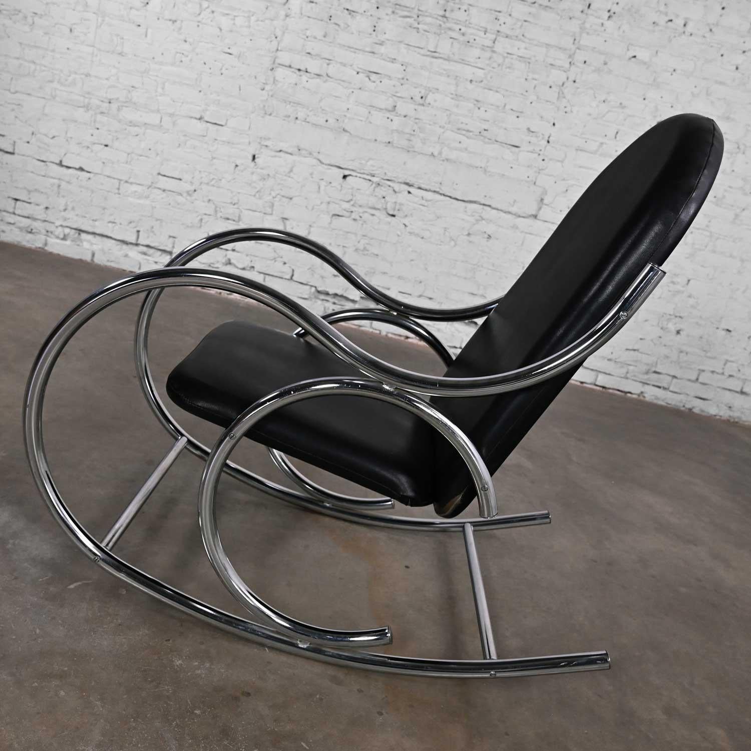 20th Century Bauhaus Style Black Vinyl & Chrome Bentwood Style Rocking Chair After Thonet For Sale
