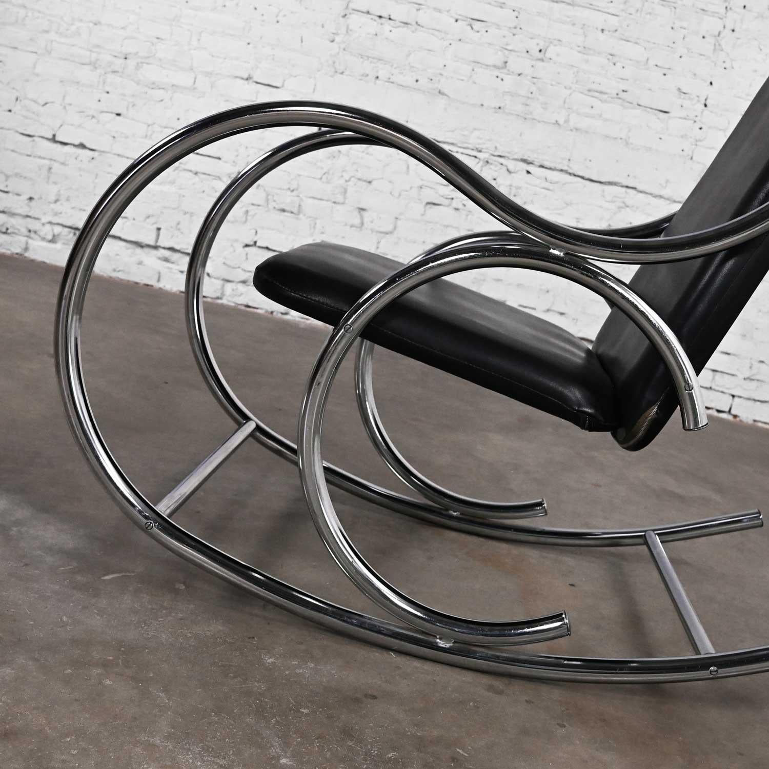 Faux Leather Bauhaus Style Black Vinyl & Chrome Bentwood Style Rocking Chair After Thonet For Sale
