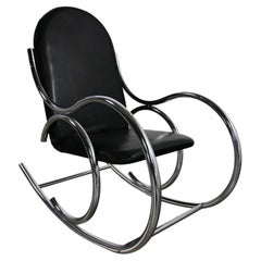 Vintage Bauhaus Style Black Vinyl & Chrome Bentwood Style Rocking Chair After Thonet