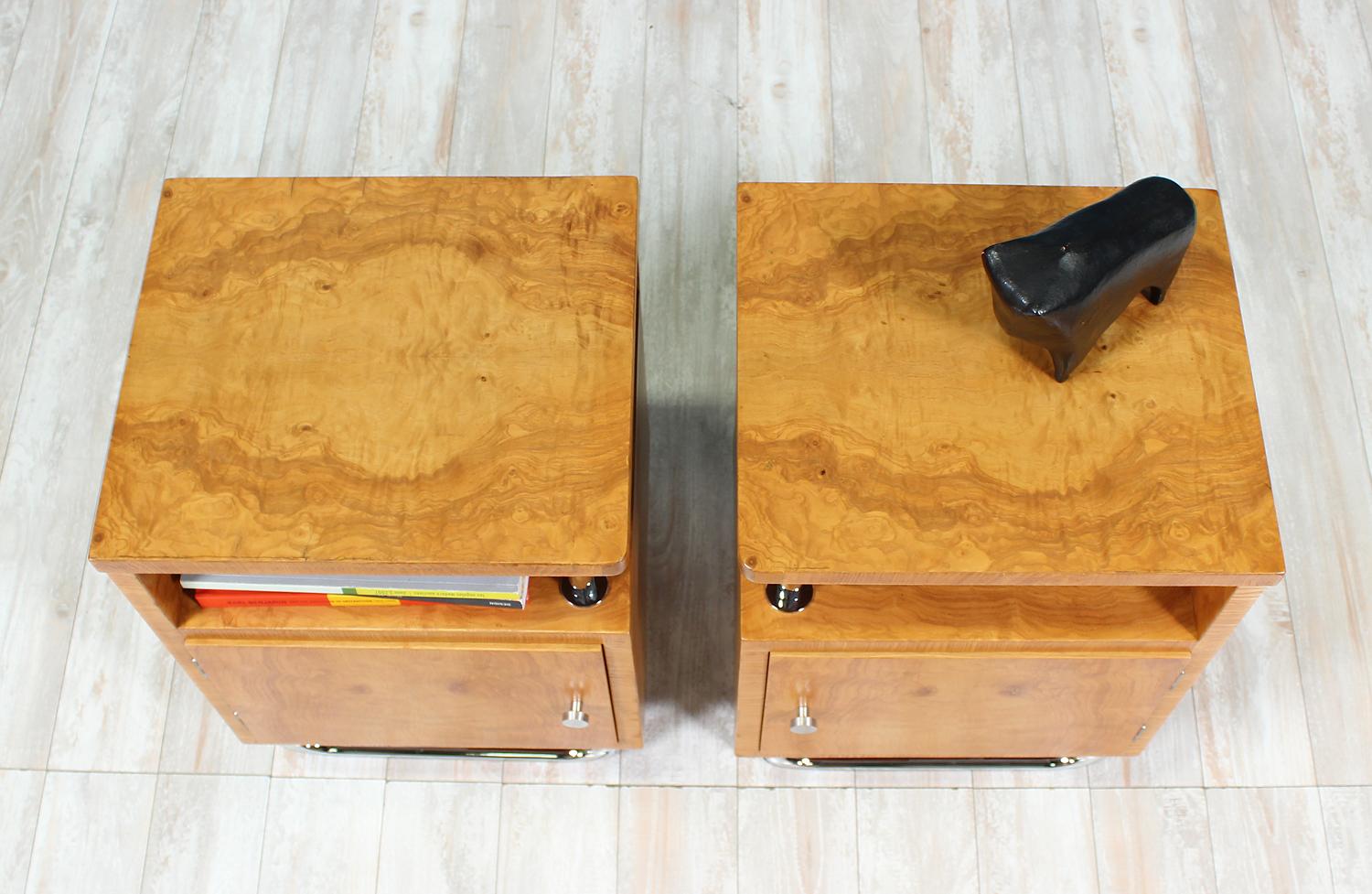 Bauhaus Style Chrome and Burl Wood Nightstands 4