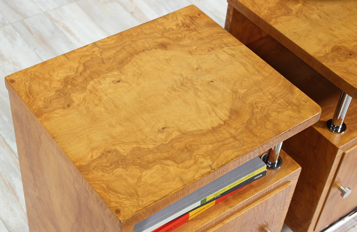 Bauhaus Style Chrome and Burl Wood Nightstands 5