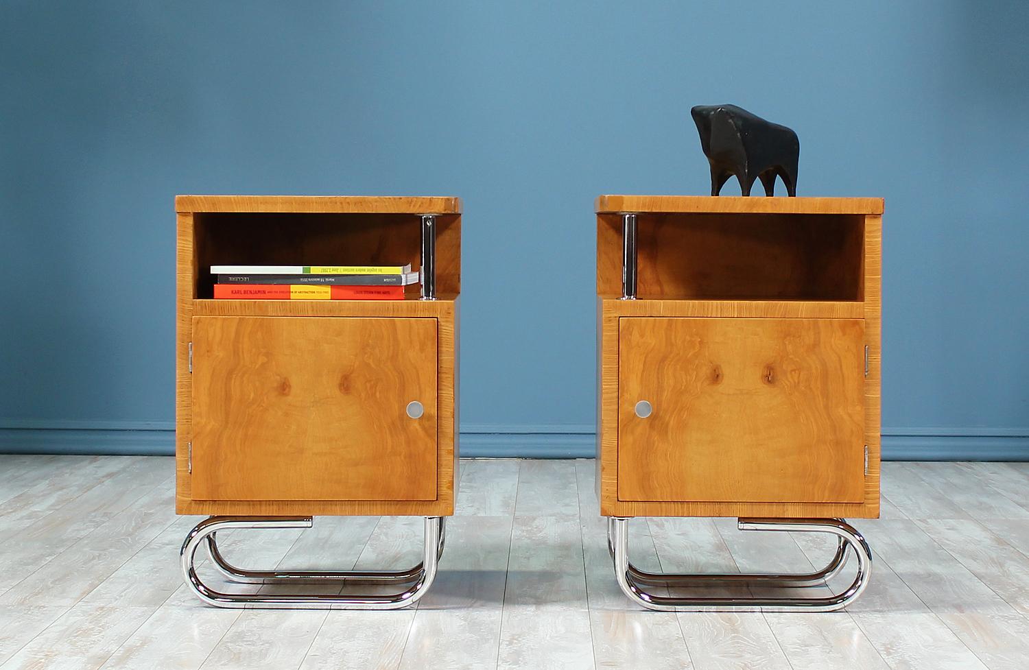 Mid-Century Modern Bauhaus Style Chrome and Burl Wood Nightstands