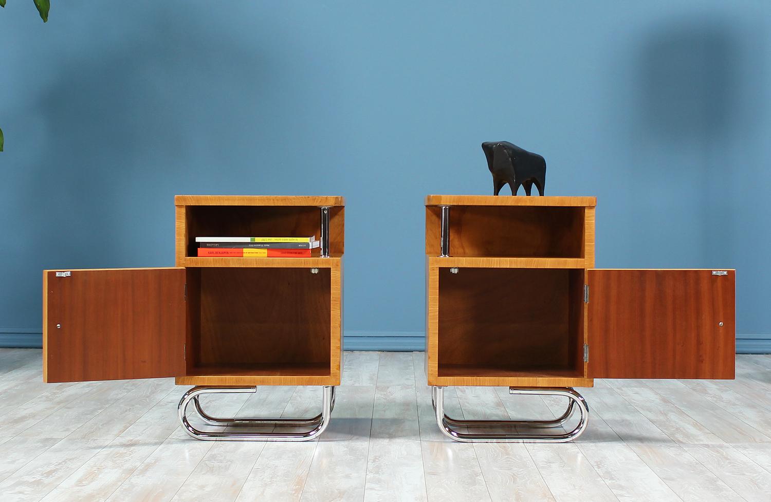 American Bauhaus Style Chrome and Burl Wood Nightstands