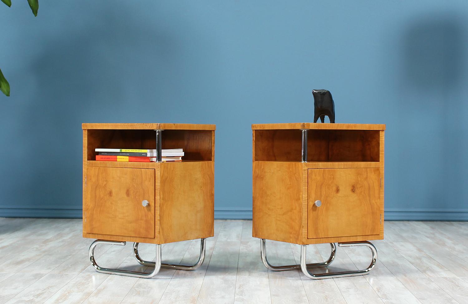 Bauhaus Style Chrome and Burl Wood Nightstands In Excellent Condition In Los Angeles, CA