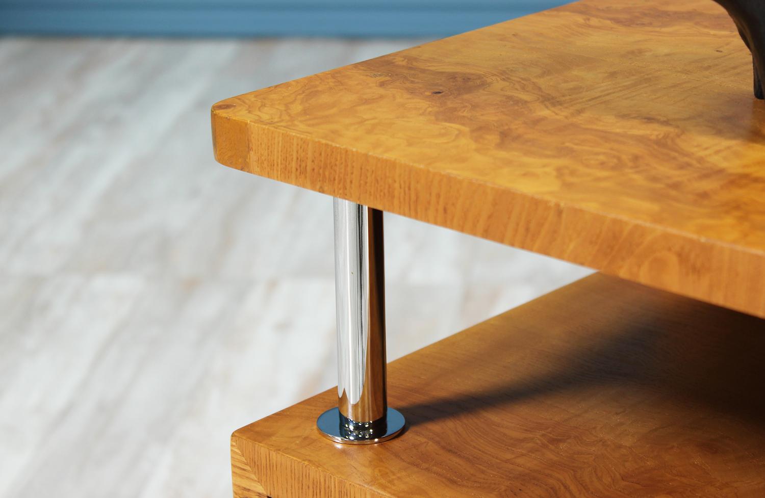 Bauhaus Style Chrome and Burl Wood Nightstands 3