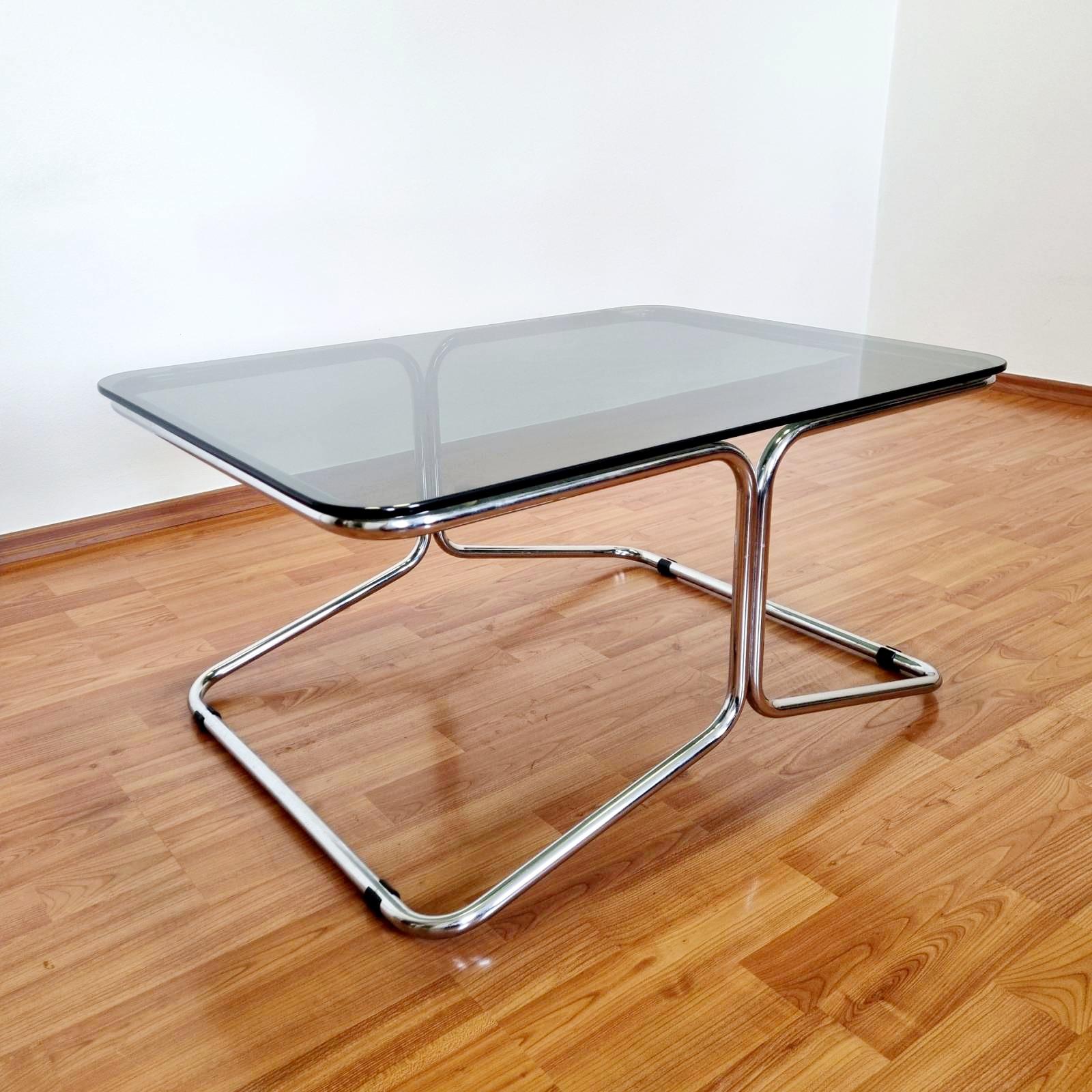 Italian Bauhaus Style Chrome and Smoked Glass Coffee Table, Italy 70s For Sale