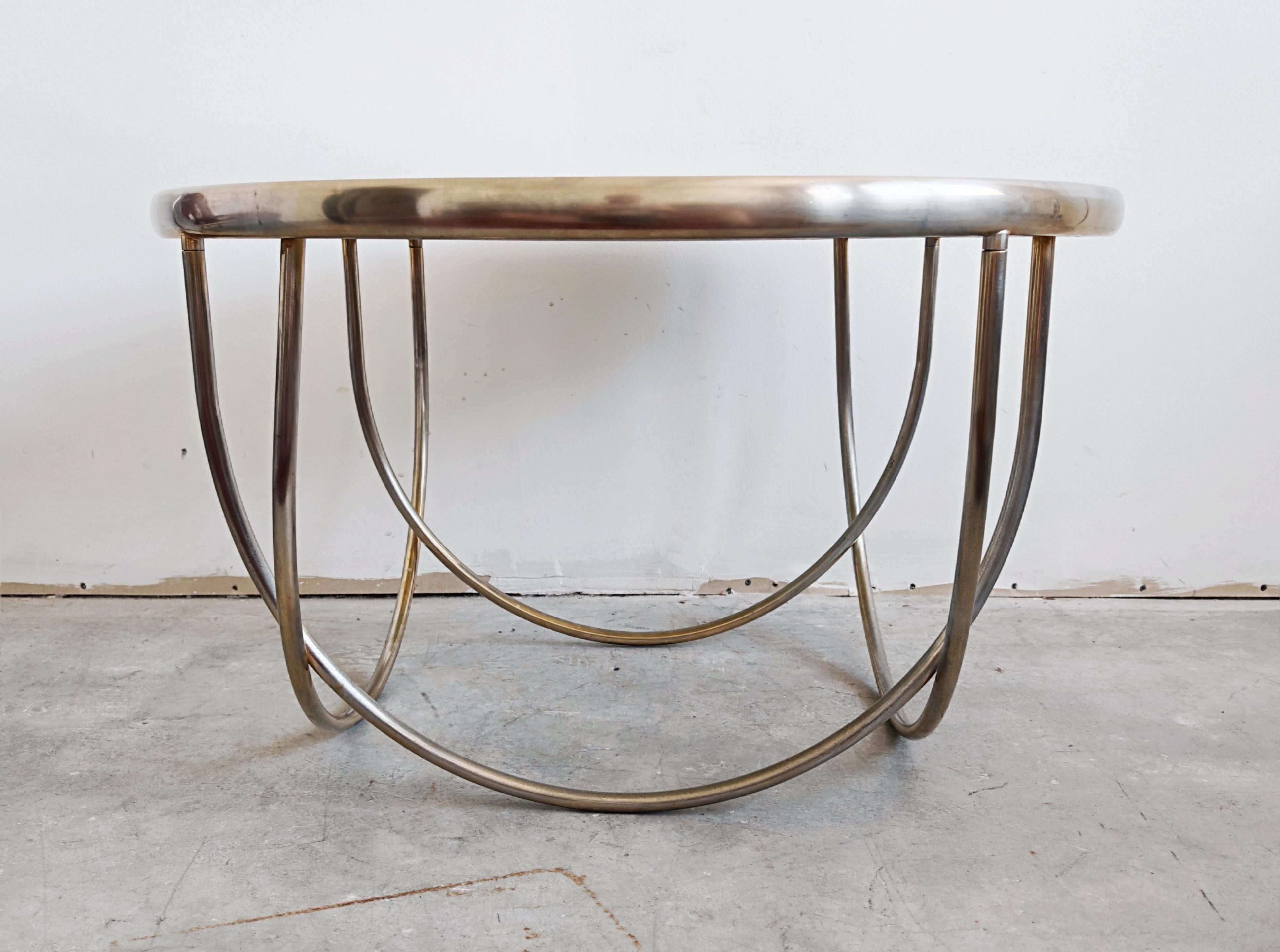 Acciaio Tavolino da caffè in stile Bauhaus con base in acciaio e piano in vetro colorato, Germania anni '70 in vendita