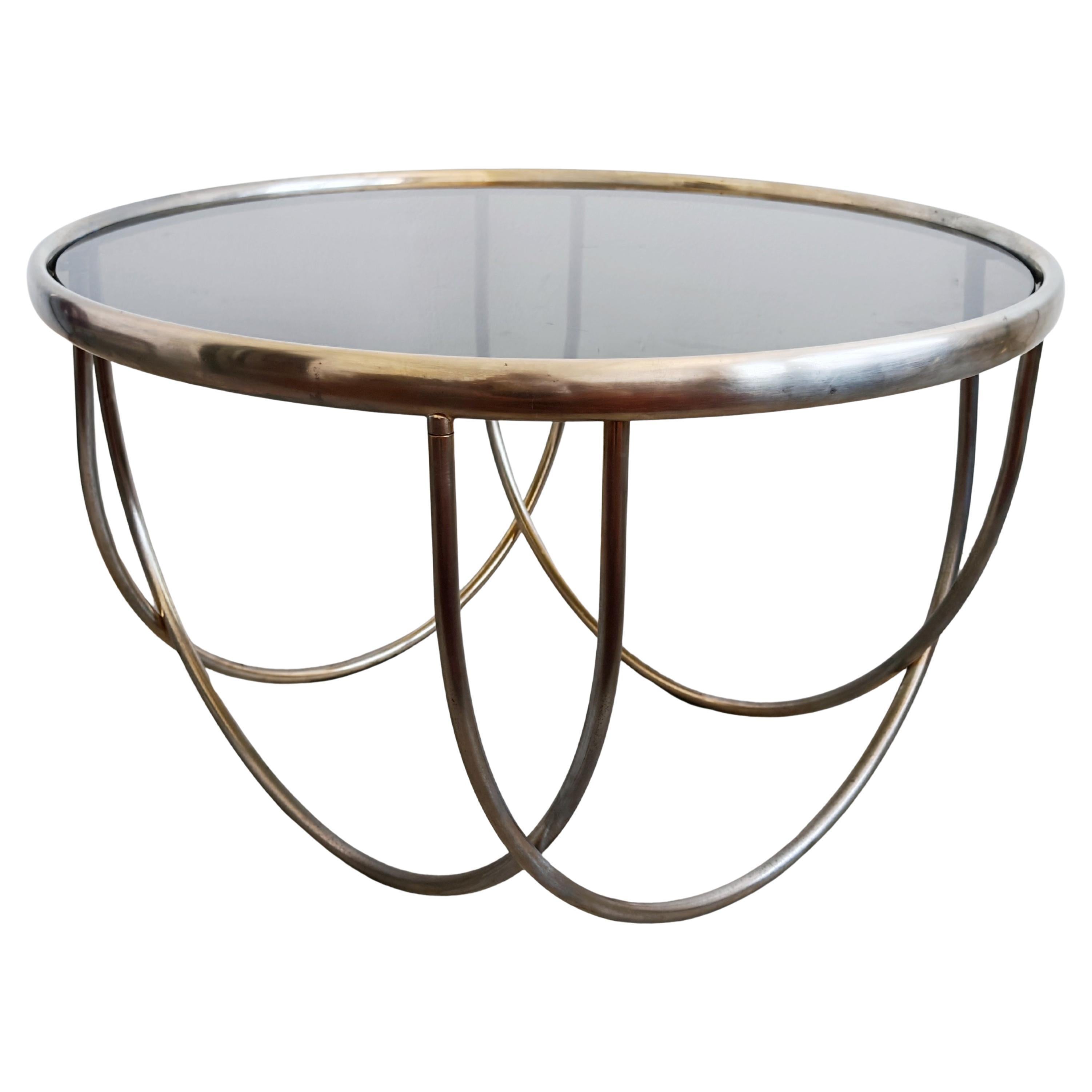 Tavolino da caffè in stile Bauhaus con base in acciaio e piano in vetro colorato, Germania anni '70 in vendita