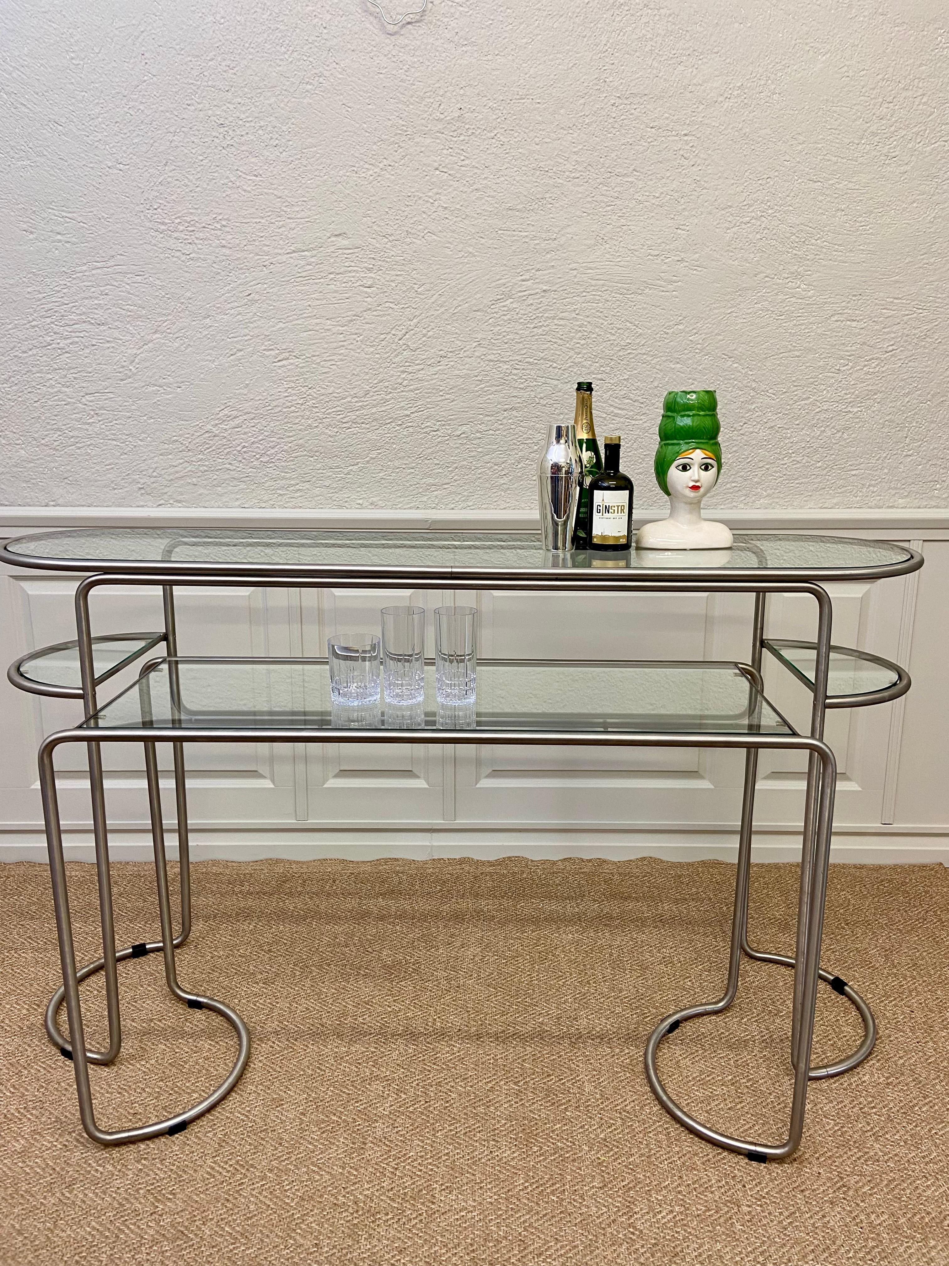 Bauhaus Style Console Table Set with Glass Shelves on Tubular Metal Frame In Good Condition For Sale In Cork, IE