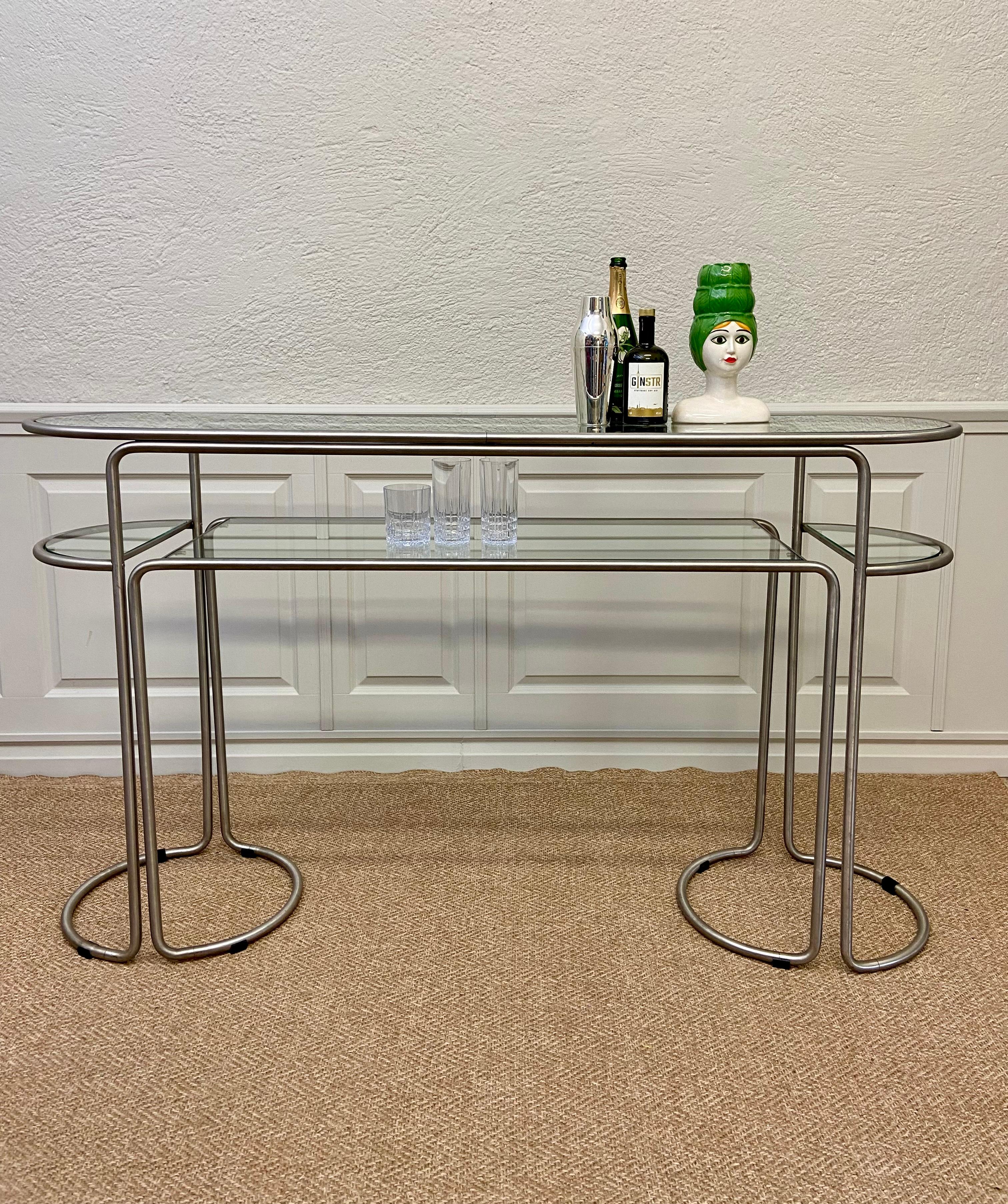 Late 20th Century Bauhaus Style Console Table Set with Glass Shelves on Tubular Metal Frame For Sale