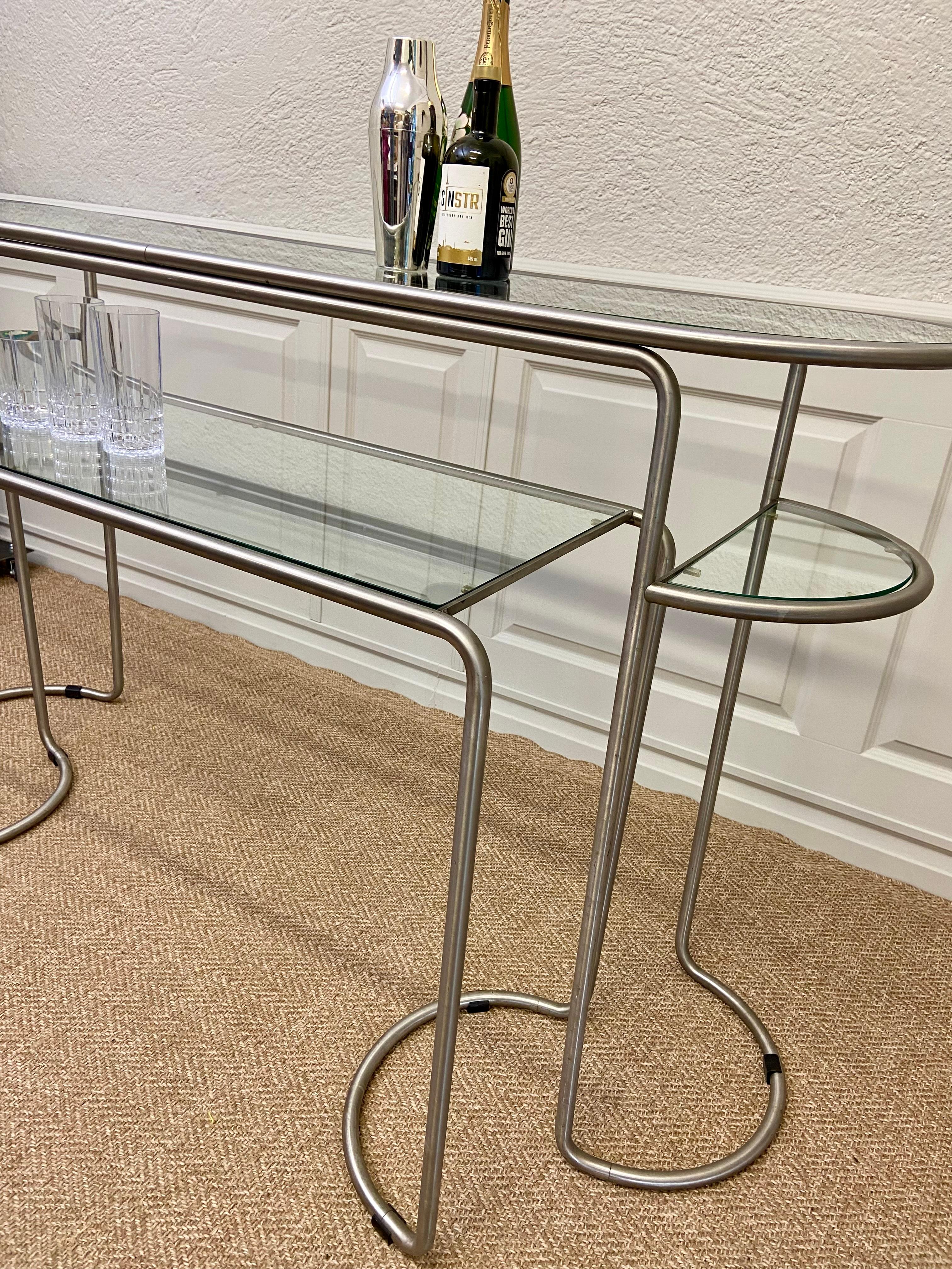 Bauhaus Style Console Table Set with Glass Shelves on Tubular Metal Frame For Sale 1