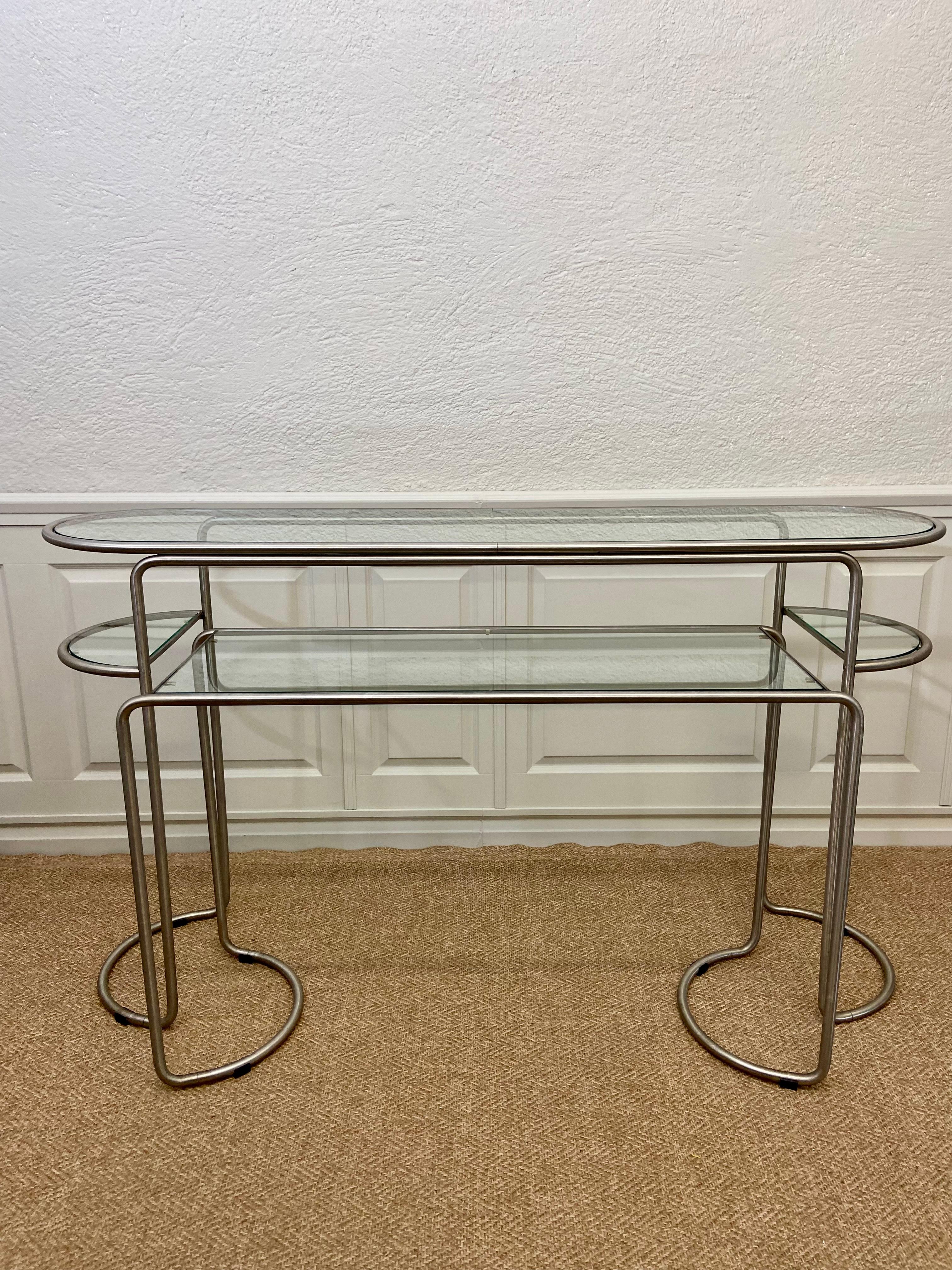 Bauhaus Style Console Table Set with Glass Shelves on Tubular Metal Frame For Sale 2