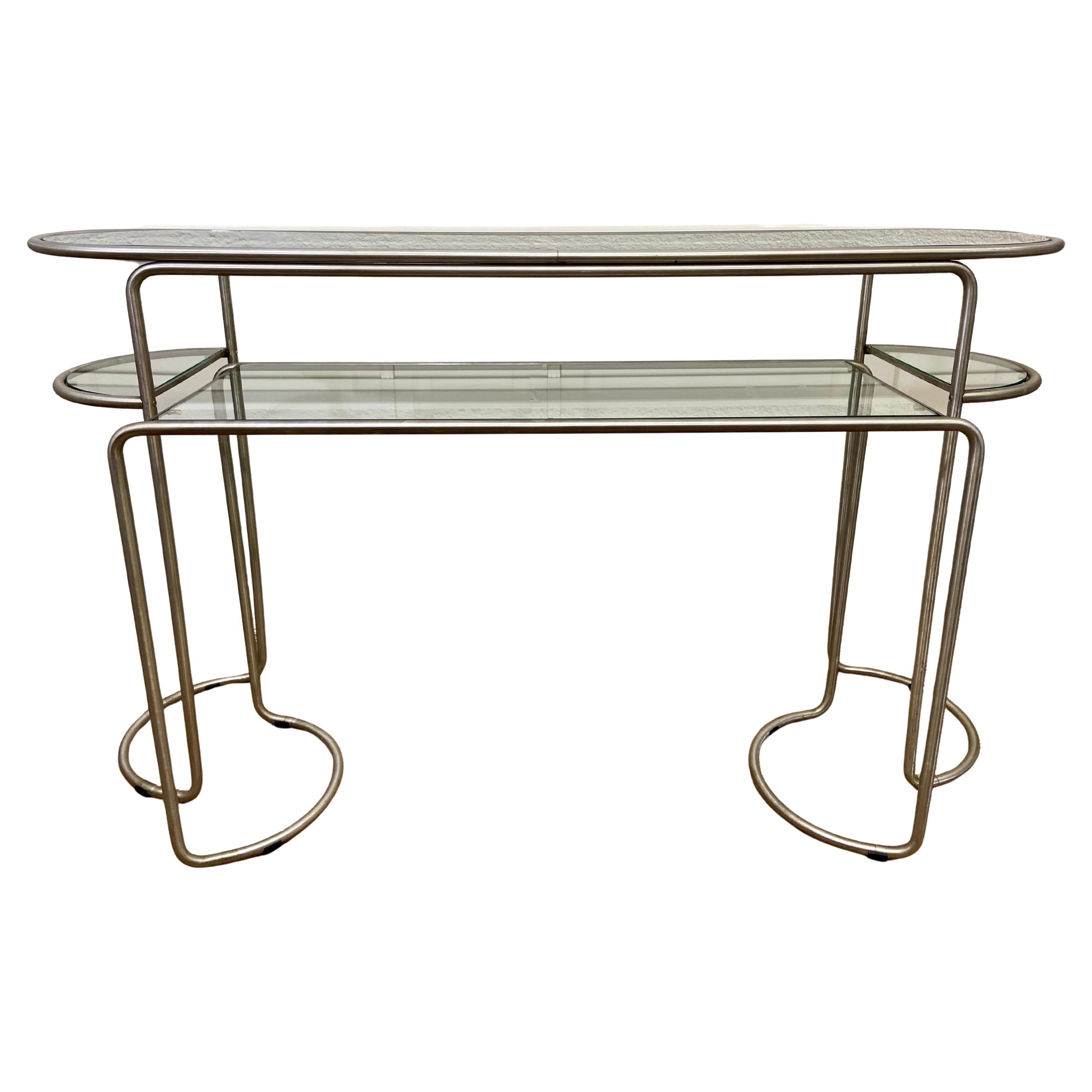 Conjunto de Mesa Consola Estilo Bauhaus con Estantes de Cristal sobre Estructura de Metal Tubular
