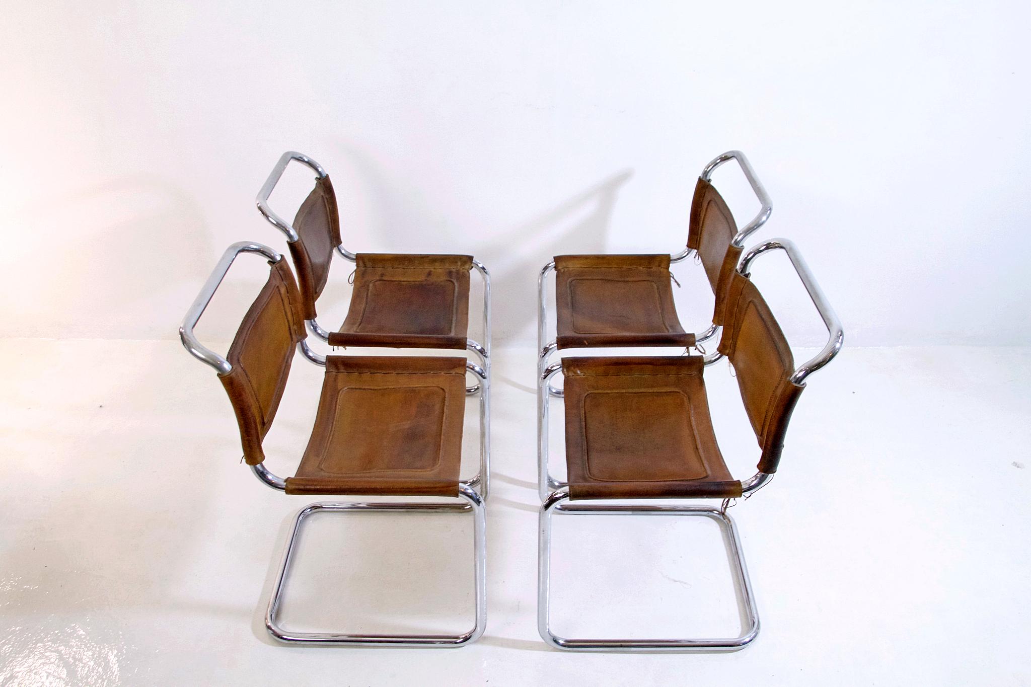 Bauhaus Style Dining Chairs in Metal and Leather, Italy, 1970s 4