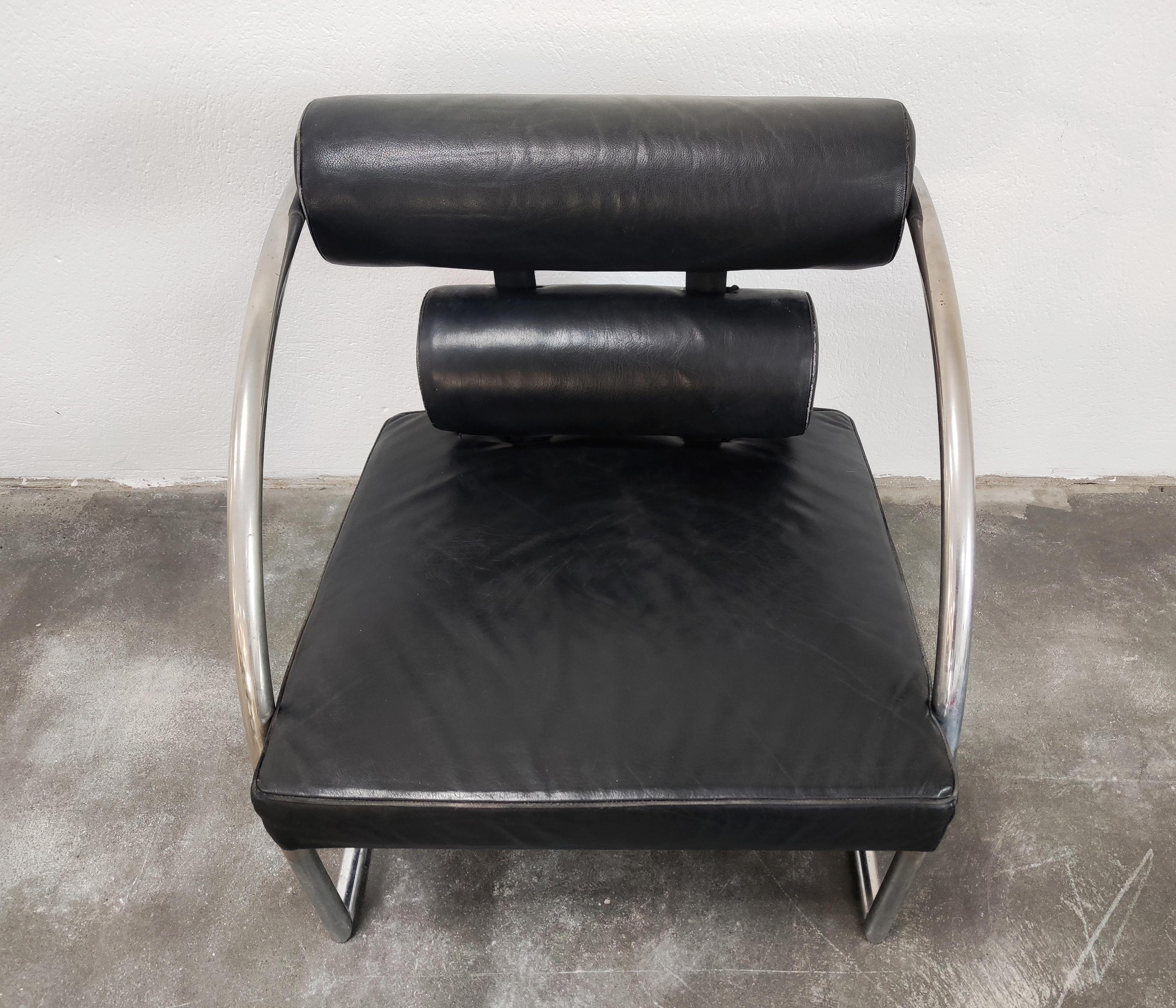 Bauhaus Style Leather Armchair with Chrome Tubular Frame, Switzerland, 1970s For Sale 5