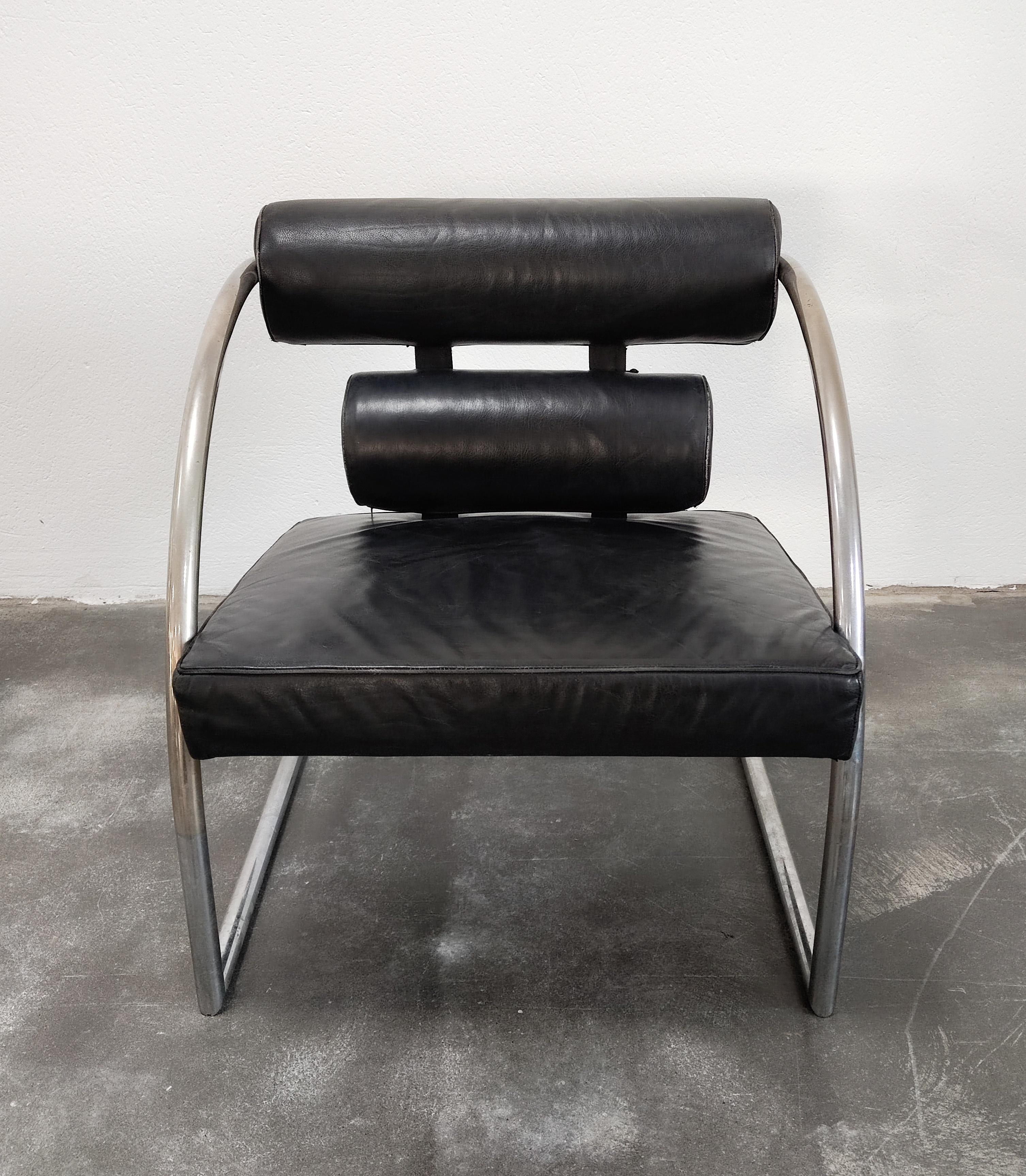 Bauhaus Style Leather Armchair with Chrome Tubular Frame, Switzerland, 1970s For Sale 1