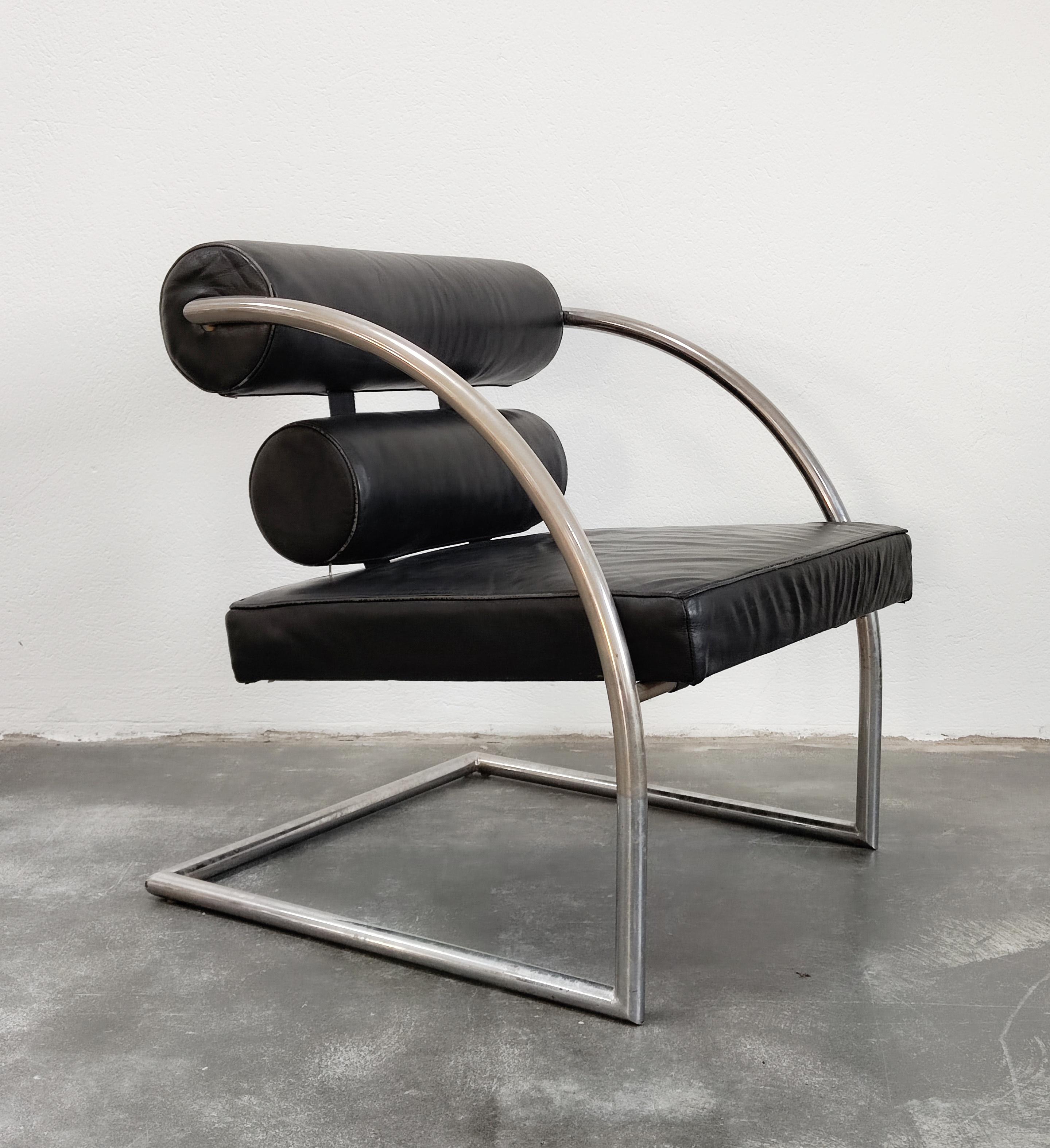 Bauhaus Style Leather Armchair with Chrome Tubular Frame, Switzerland, 1970s For Sale 2