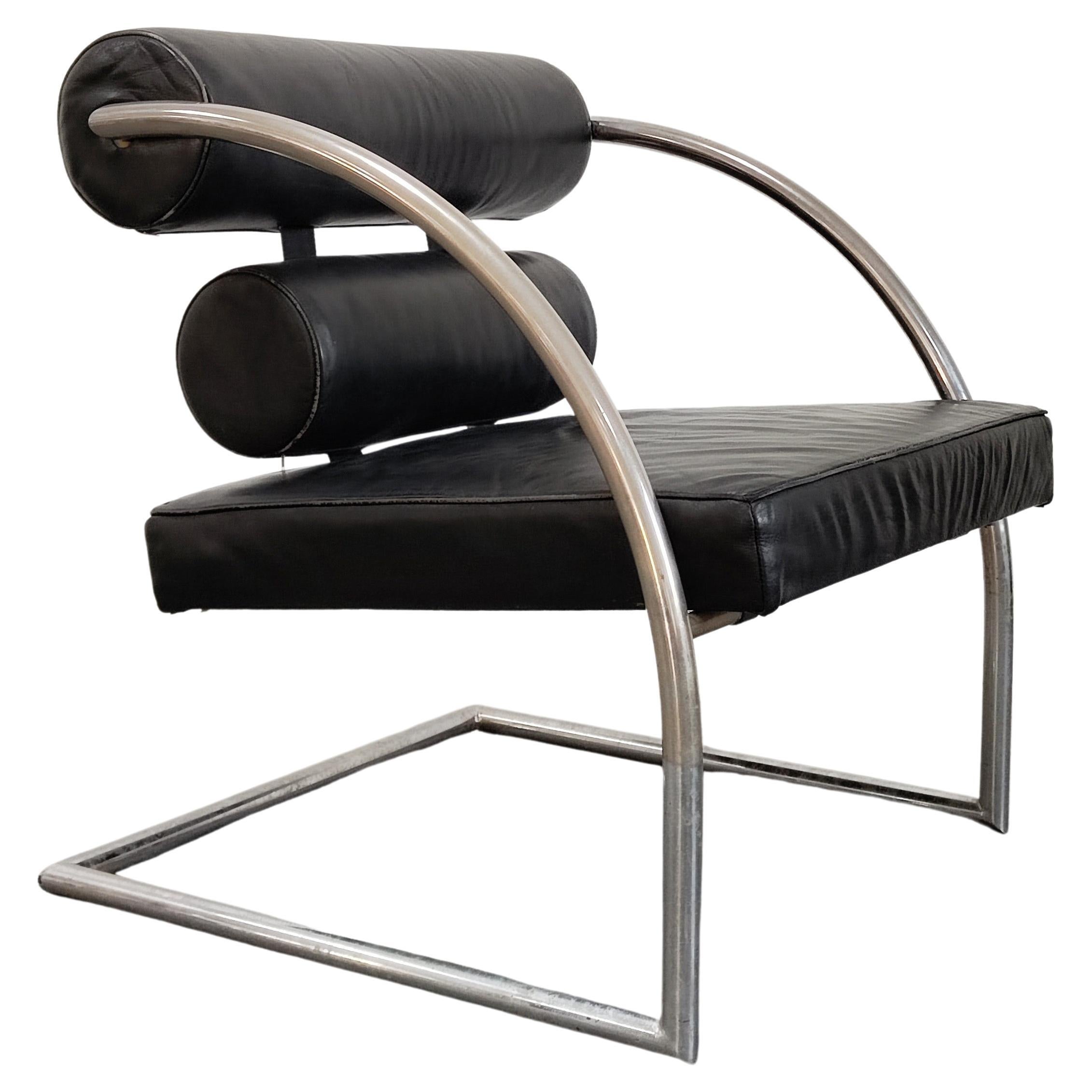 Bauhaus Style Leather Armchair with Chrome Tubular Frame, Switzerland, 1970s For Sale