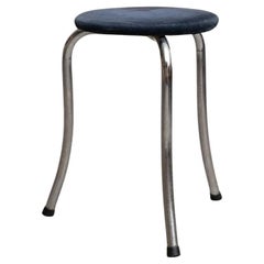 Bauhaus-Style Low Stool with Metal Frame and Blue Upholstered Seat