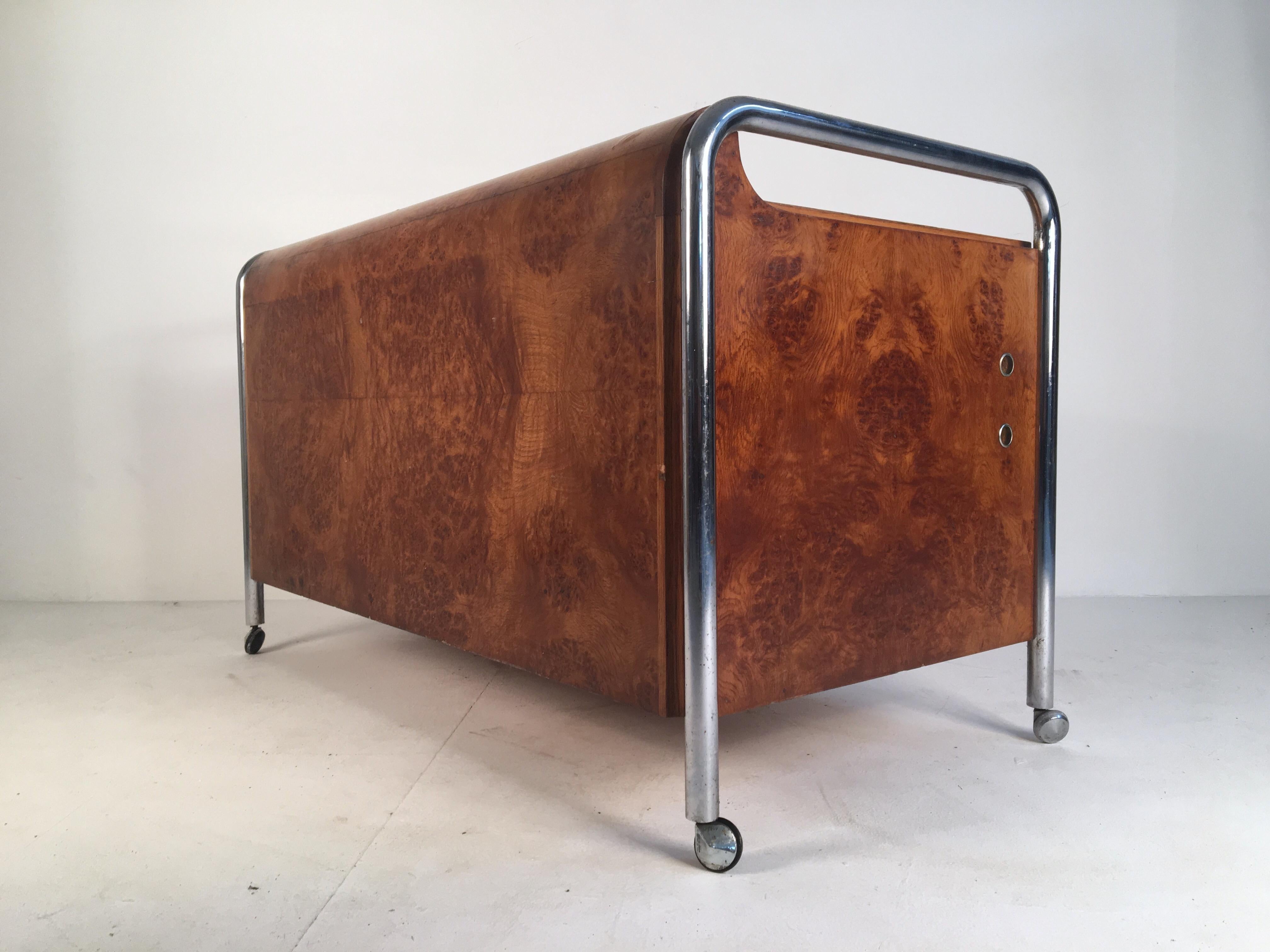 Bauhaus Style Midcentury Burl, Oak and Tubular Chrome Credenza or Sideboard For Sale 5