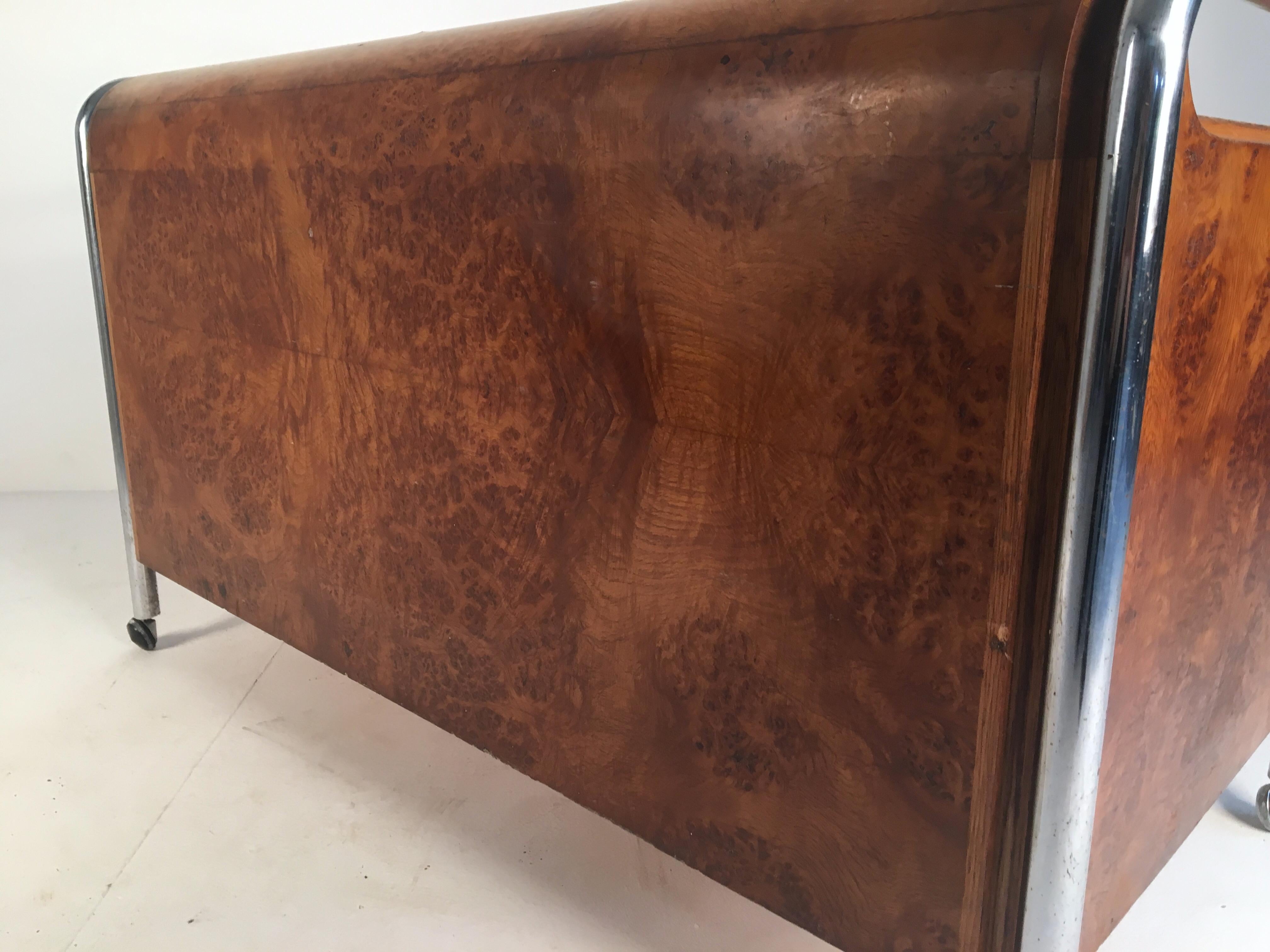 Bauhaus Style Midcentury Burl, Oak and Tubular Chrome Credenza or Sideboard For Sale 6
